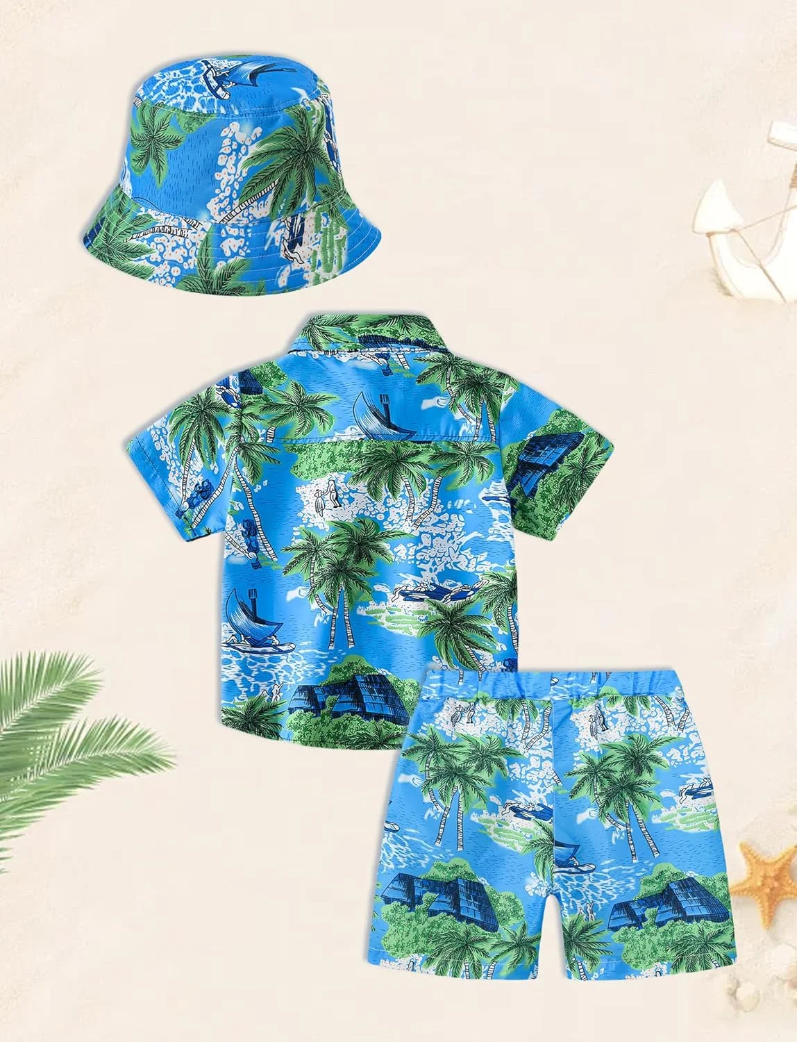 ست 3 تکه پیراهن دکمه دار آستین کوتاه و شلوارک پسرانه و دخترانه طرح هاوایی SEAUR مناسب کودکان 3 تا 12 سال به همراه کلاه