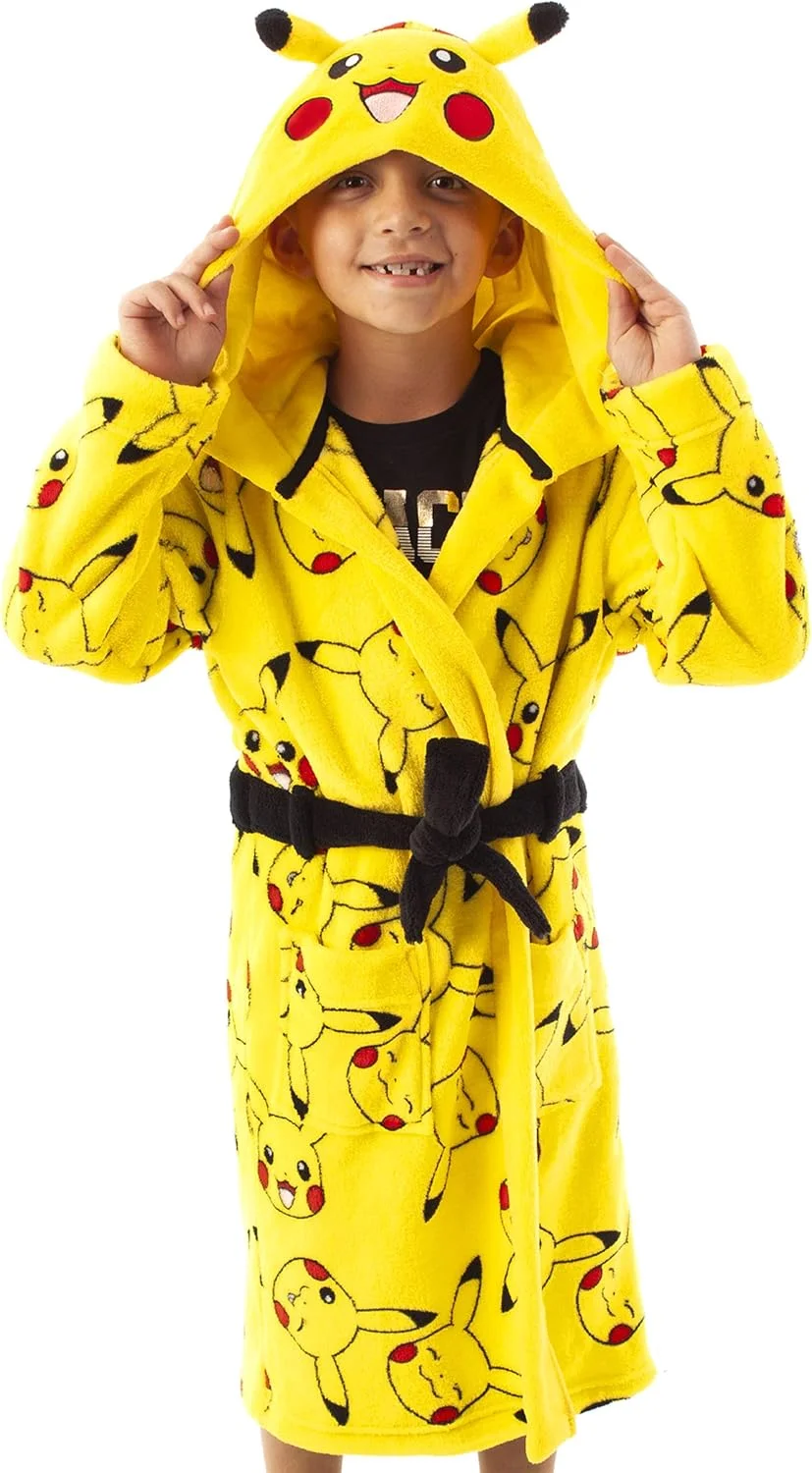 روپوش خواب پوکمون برای پسران و دختران | روپوش حمام جیب دار زرد رنگ با کلاه طرح صورت پیکاچو برای کودکان | روپوش خواب نرم و پشمالو بچه گانه