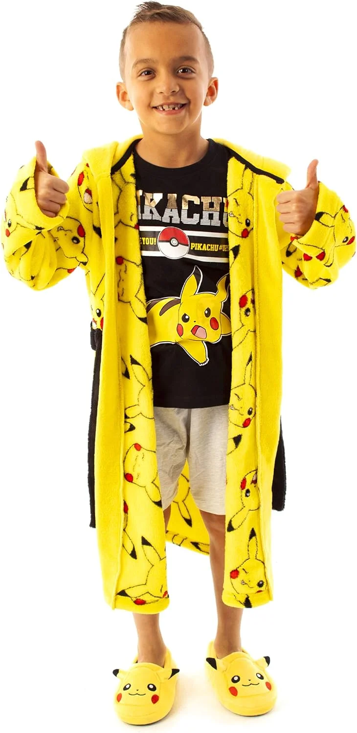 روپوش خواب پوکمون برای پسران و دختران | روپوش حمام جیب دار زرد رنگ با کلاه طرح صورت پیکاچو برای کودکان | روپوش خواب نرم و پشمالو بچه گانه