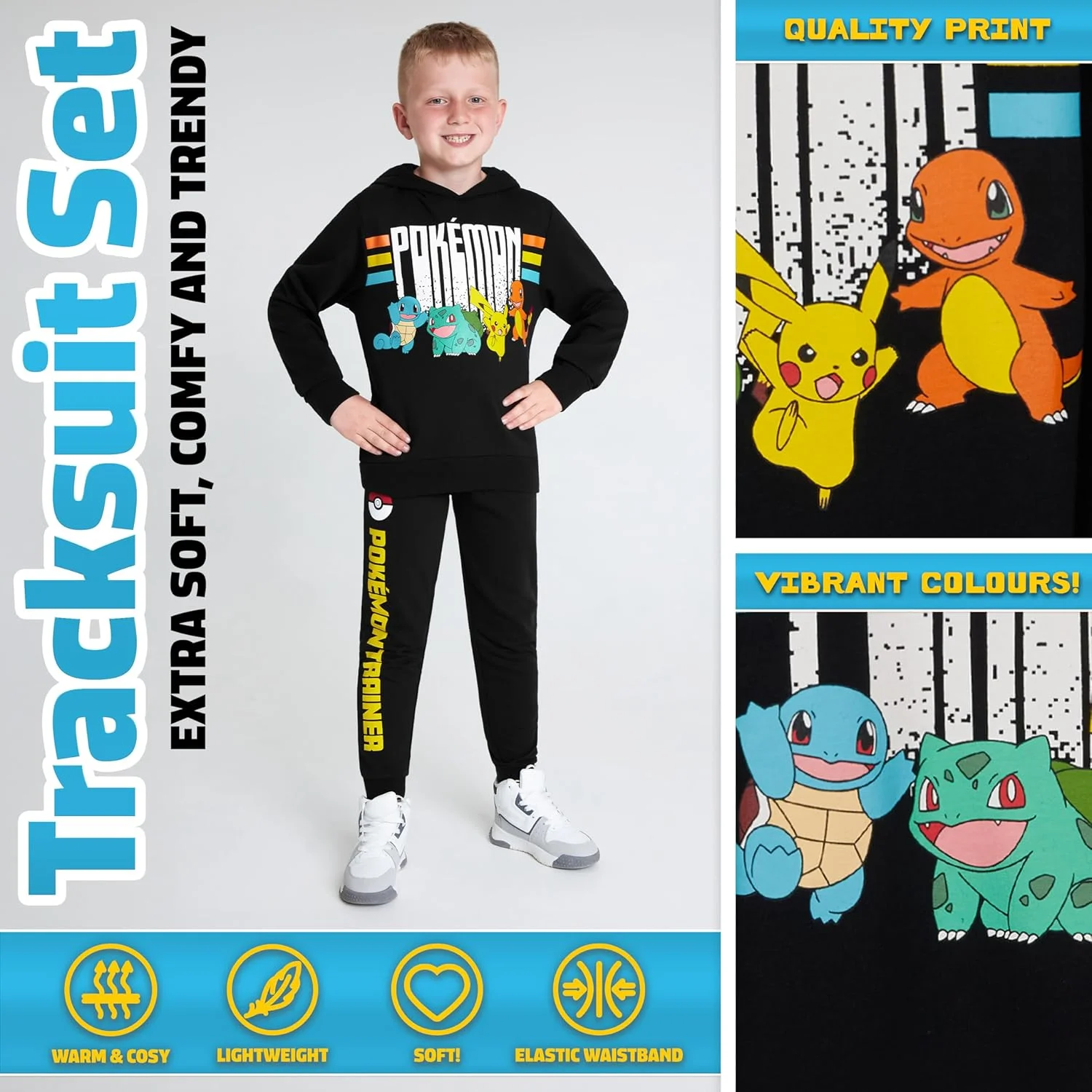 ست گرمکن و شلوار پوکمون پسرانه - ست هودی و شلوار ورزشی دو تکه برای کودکان و نوجوانان 5 تا 14 سال - هدیه برای پسران