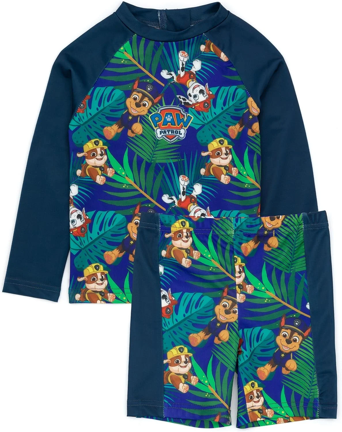 لباس شنای پسرانه سگ های نگهبان | تیشرت و شلوارک دو تکه آبی یا سرمه ای مناسب کودکان نوپا | مارشال، رابل، چیس