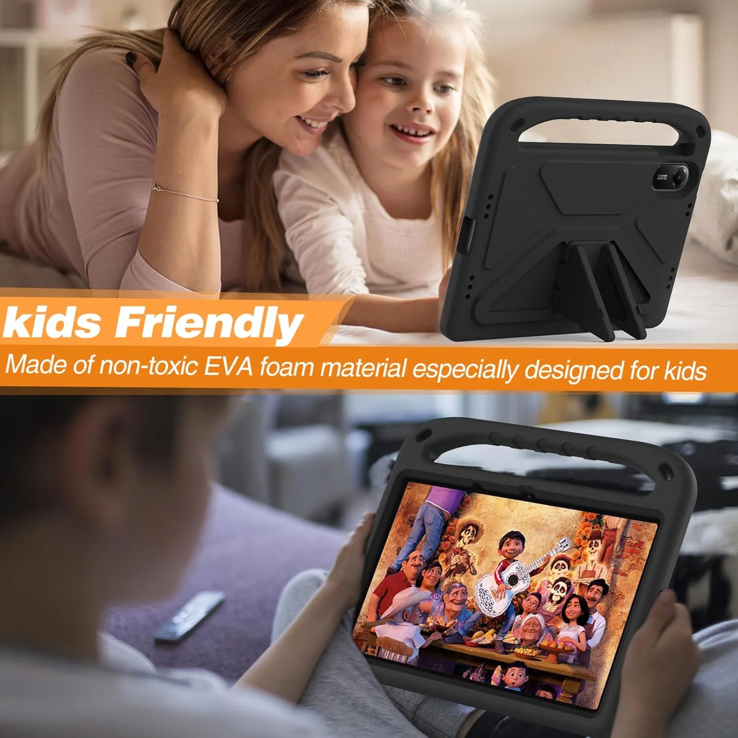 قاب محافظ تبلت شیائومی ردمی پد 2 مدل 2025 با اندازه 11 اینچ، جنس EVA سبک و مقاوم در برابر ضربه، دارای دستگیره و استند، مناسب کودکان - رنگ مشکی