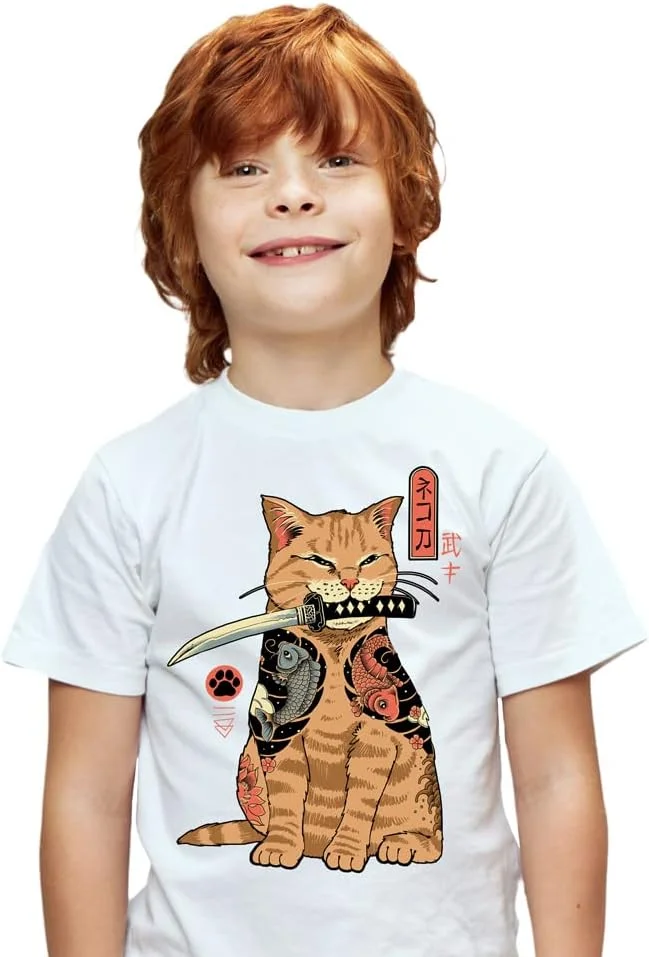 تی‌شرت آستین کوتاه پامپلینگ برای پسران و دختران، لباس بچگانه یونیسکس با طرح‌های اورجینال در 5 سایز، تی‌شرت 100% پنبه سفید یا مشکی، مدل کاتانا