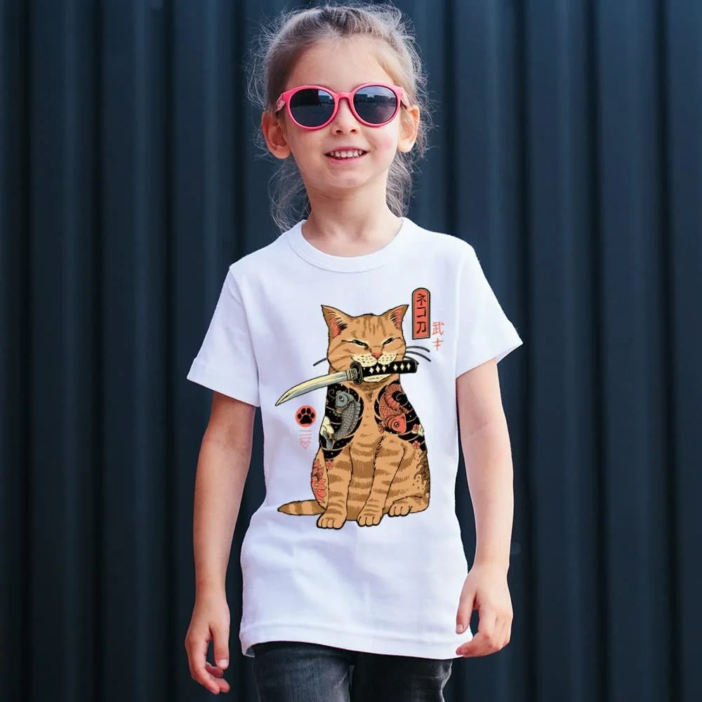 تی‌شرت آستین کوتاه پامپلینگ برای پسران و دختران، لباس بچگانه یونیسکس با طرح‌های اورجینال در 5 سایز، تی‌شرت 100% پنبه سفید یا مشکی، مدل کاتانا