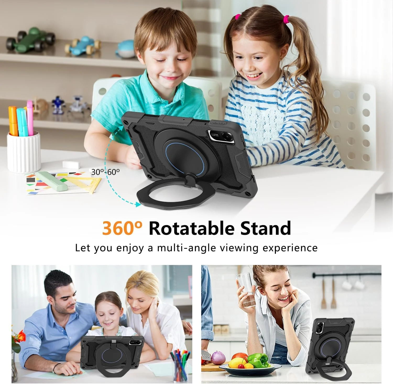 کیف محافظ تبلت ROISKIN Xiaomi Redmi Pad 2 سایز 11 اینچ 2025 به همراه محافظ صفحه نمایش، بند شانه، جای قلم، مقاوم در برابر ضربه، پایه چرخان 360 درجه مناسب کودکان، مشکی