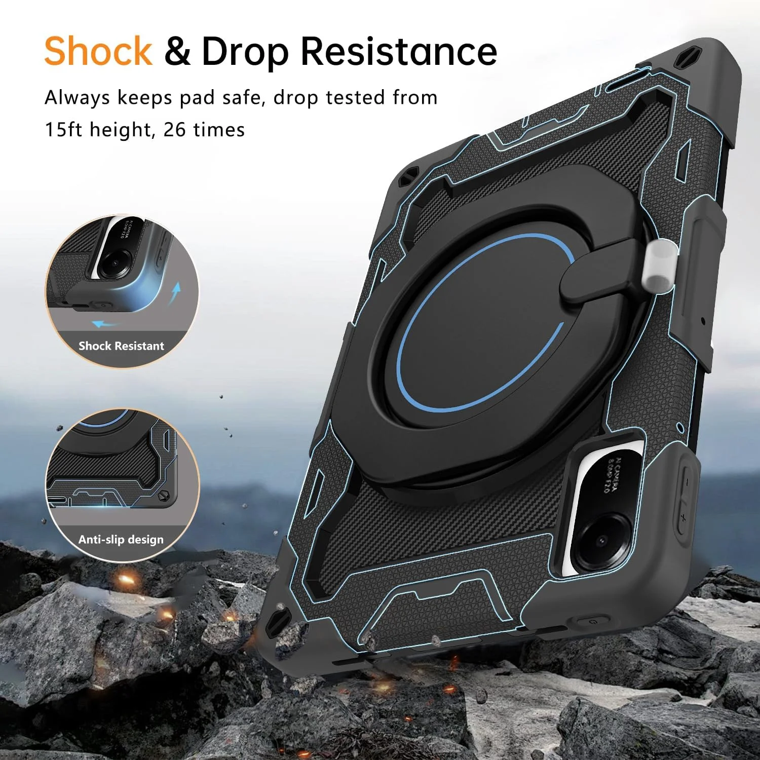 کیف محافظ تبلت ROISKIN Xiaomi Redmi Pad 2 سایز 11 اینچ 2025 به همراه محافظ صفحه نمایش، بند شانه، جای قلم، مقاوم در برابر ضربه، پایه چرخان 360 درجه مناسب کودکان، مشکی