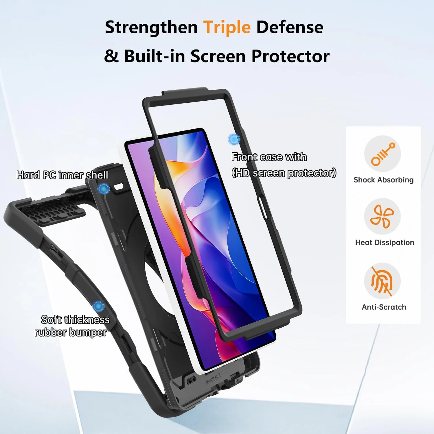 کیف محافظ تبلت ROISKIN Xiaomi Redmi Pad 2 سایز 11 اینچ 2025 به همراه محافظ صفحه نمایش، بند شانه، جای قلم، مقاوم در برابر ضربه، پایه چرخان 360 درجه مناسب کودکان، مشکی