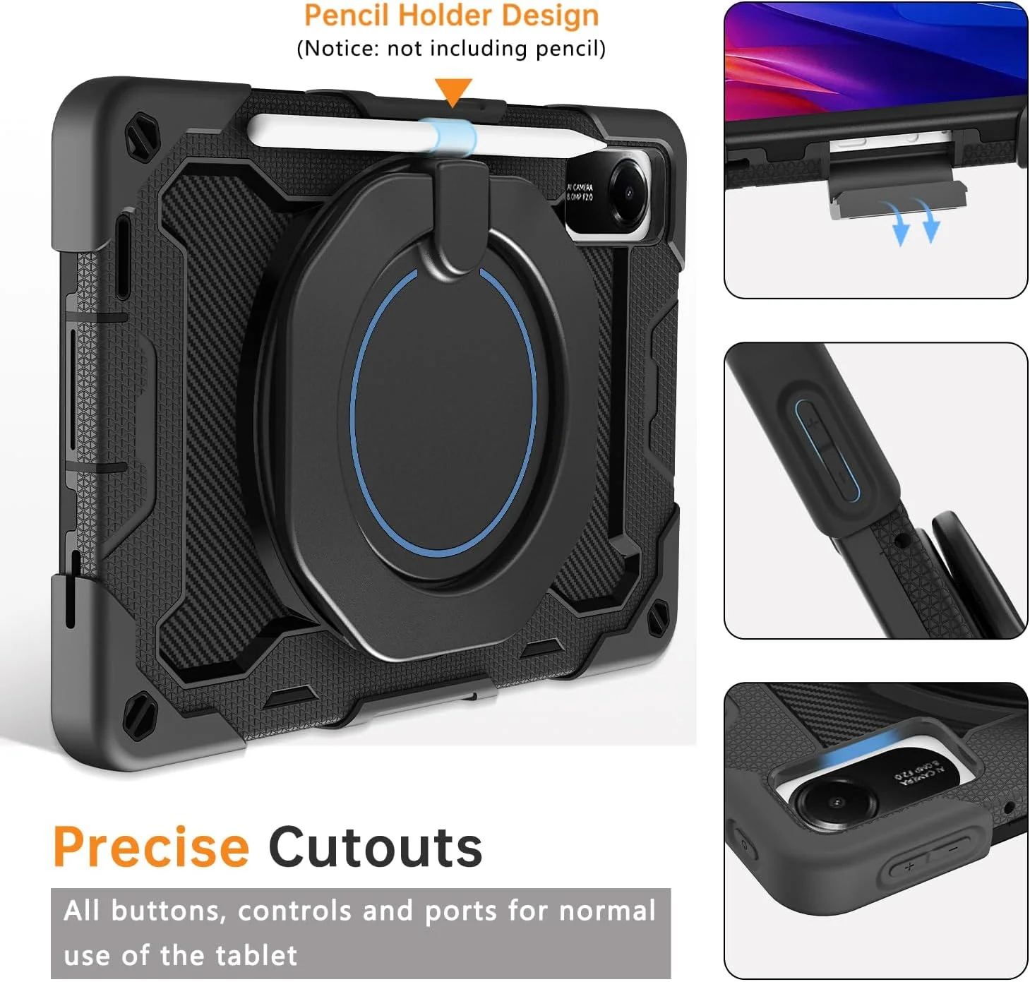 کیف محافظ تبلت ROISKIN Xiaomi Redmi Pad 2 سایز 11 اینچ 2025 به همراه محافظ صفحه نمایش، بند شانه، جای قلم، مقاوم در برابر ضربه، پایه چرخان 360 درجه مناسب کودکان، مشکی