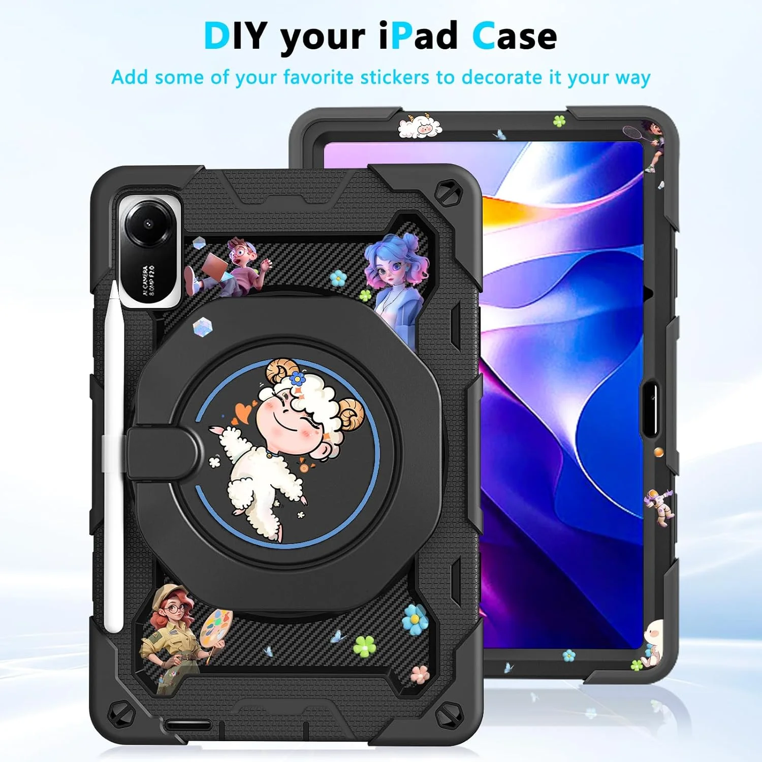 کیف محافظ تبلت ROISKIN Xiaomi Redmi Pad 2 سایز 11 اینچ 2025 به همراه محافظ صفحه نمایش، بند شانه، جای قلم، مقاوم در برابر ضربه، پایه چرخان 360 درجه مناسب کودکان، مشکی