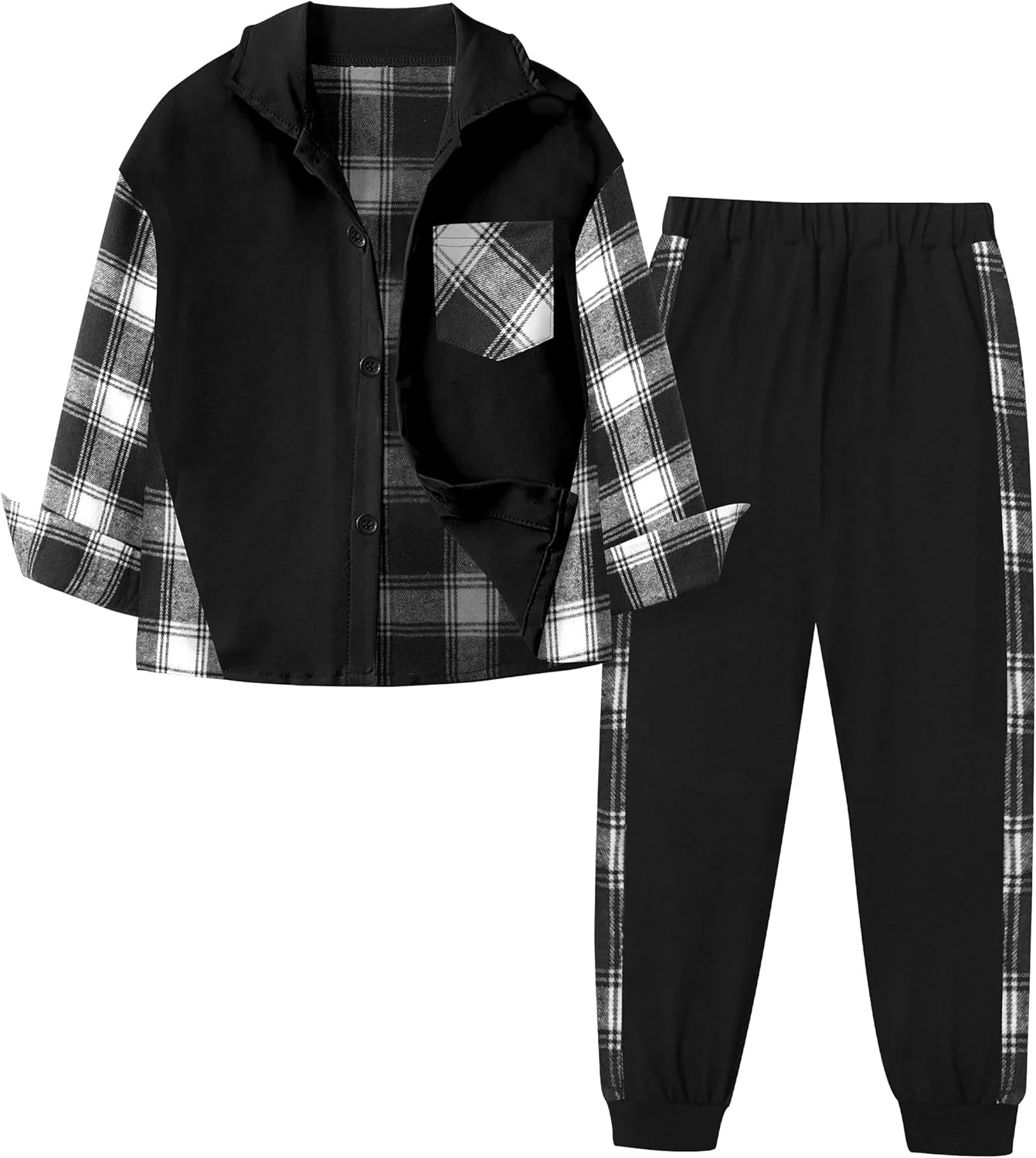 لباس پسرانه ارکیده، پیراهن های آستین بلند چهارخانه، تاپ های گرمکن دکمه دار و شلوار جاگر، ست 2 تکه مناسب پاییز و زمستان، سایز 6 تا 14 سال