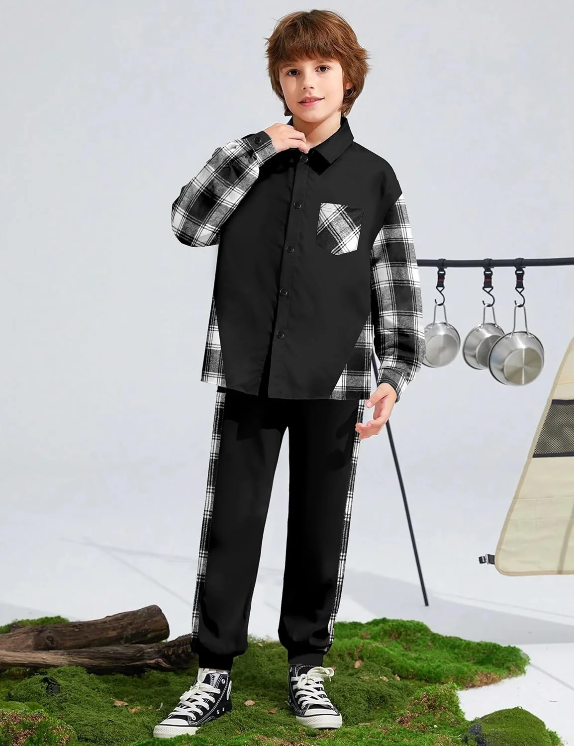 لباس پسرانه ارکیده، پیراهن های آستین بلند چهارخانه، تاپ های گرمکن دکمه دار و شلوار جاگر، ست 2 تکه مناسب پاییز و زمستان، سایز 6 تا 14 سال