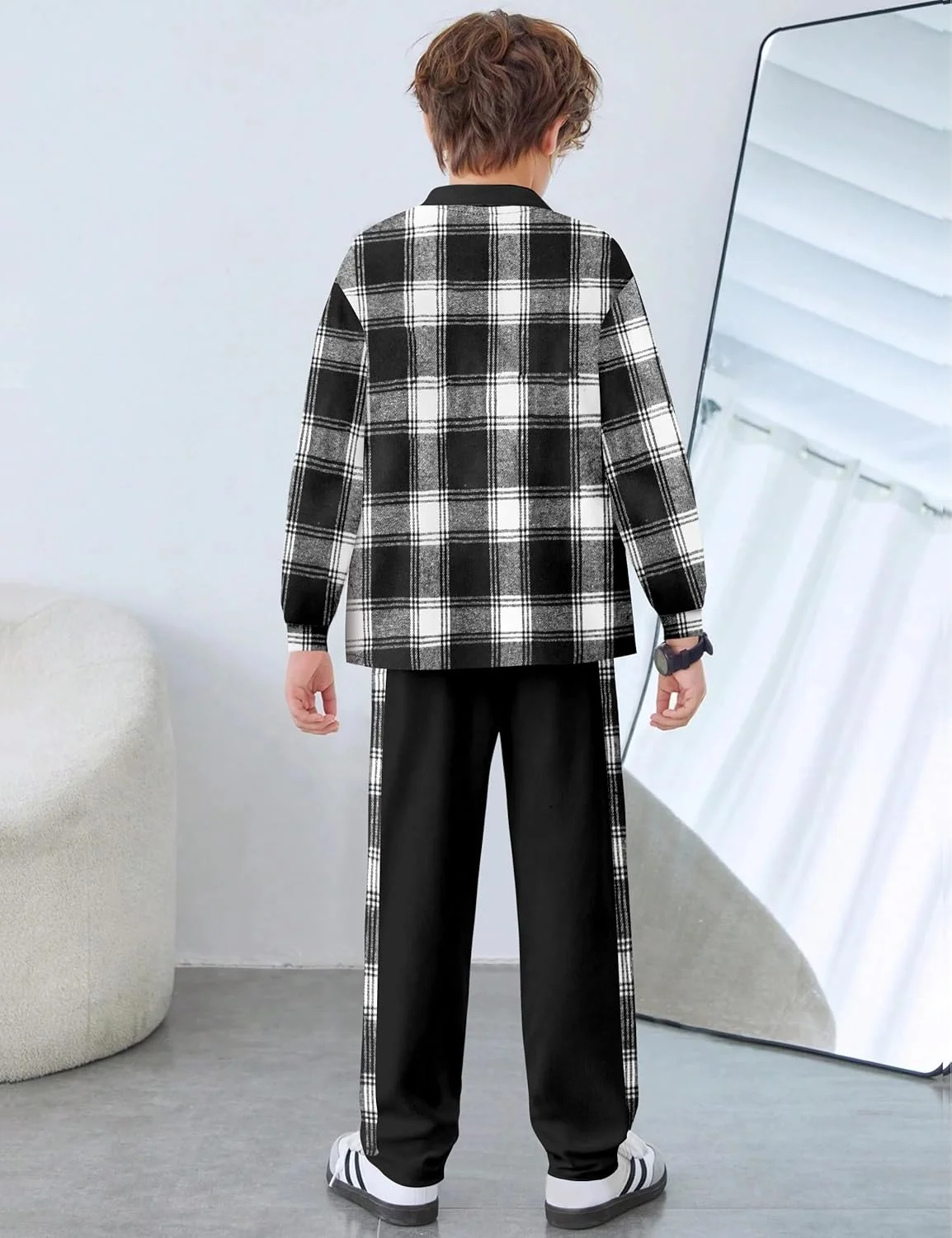 لباس پسرانه ارکیده، پیراهن های آستین بلند چهارخانه، تاپ های گرمکن دکمه دار و شلوار جاگر، ست 2 تکه مناسب پاییز و زمستان، سایز 6 تا 14 سال