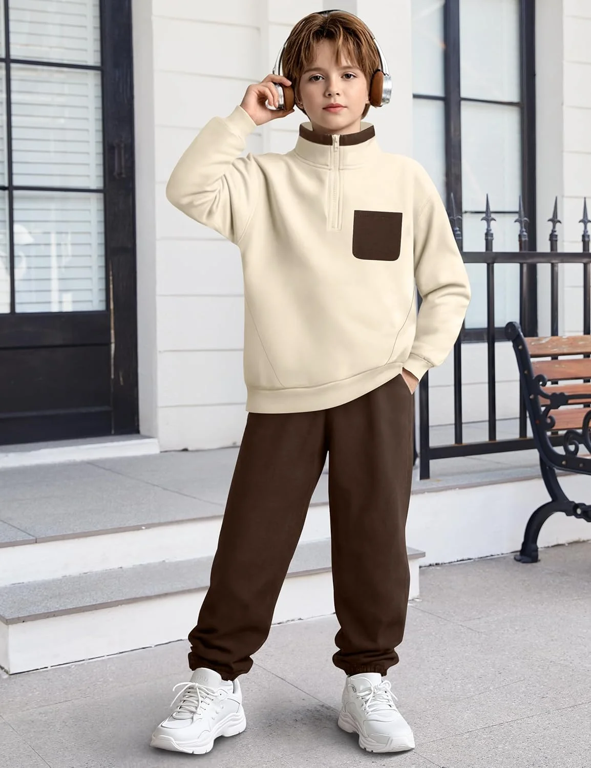 ست لباس پسرانه دو تکه NAPU، پلیور نیم زیپ و شلوار گرمکن، یقه ایستاده، مناسب پاییز و زمستان، سایز 6 تا 12 سال