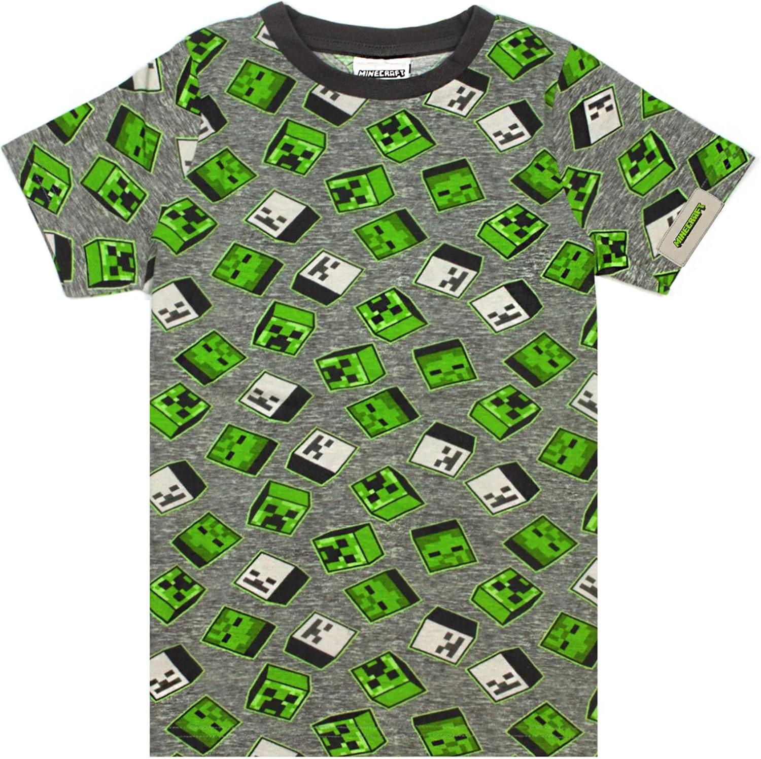 تی شرت پسرانه ماینکرافت با طرح چاپی سراسری کریپر و زامبی، خاکستری و سبز، پنبه ای تی شرت پسرانه ماینکرافت با طرح چاپی سراسری کریپر و زامبی، خاکستری و سبز، پنبه ای
