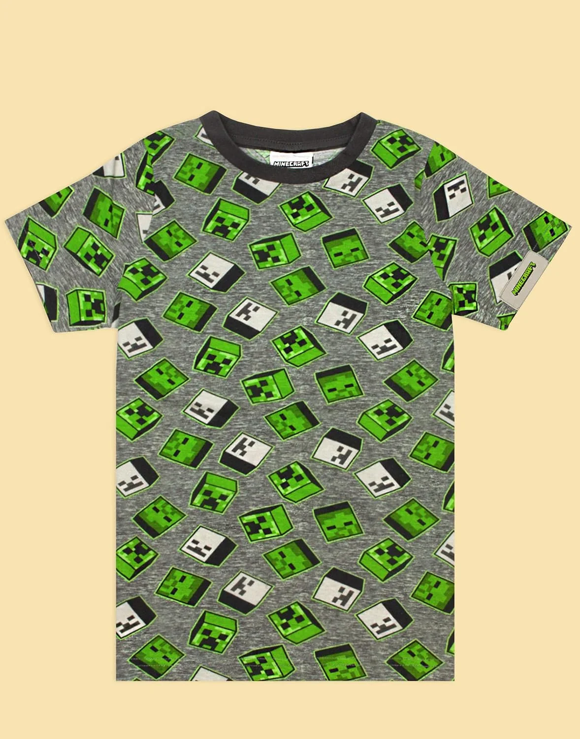 تی شرت پسرانه ماینکرافت با طرح چاپی سراسری کریپر و زامبی، خاکستری و سبز، پنبه ای تی شرت پسرانه ماینکرافت با طرح چاپی سراسری کریپر و زامبی، خاکستری و سبز، پنبه ای