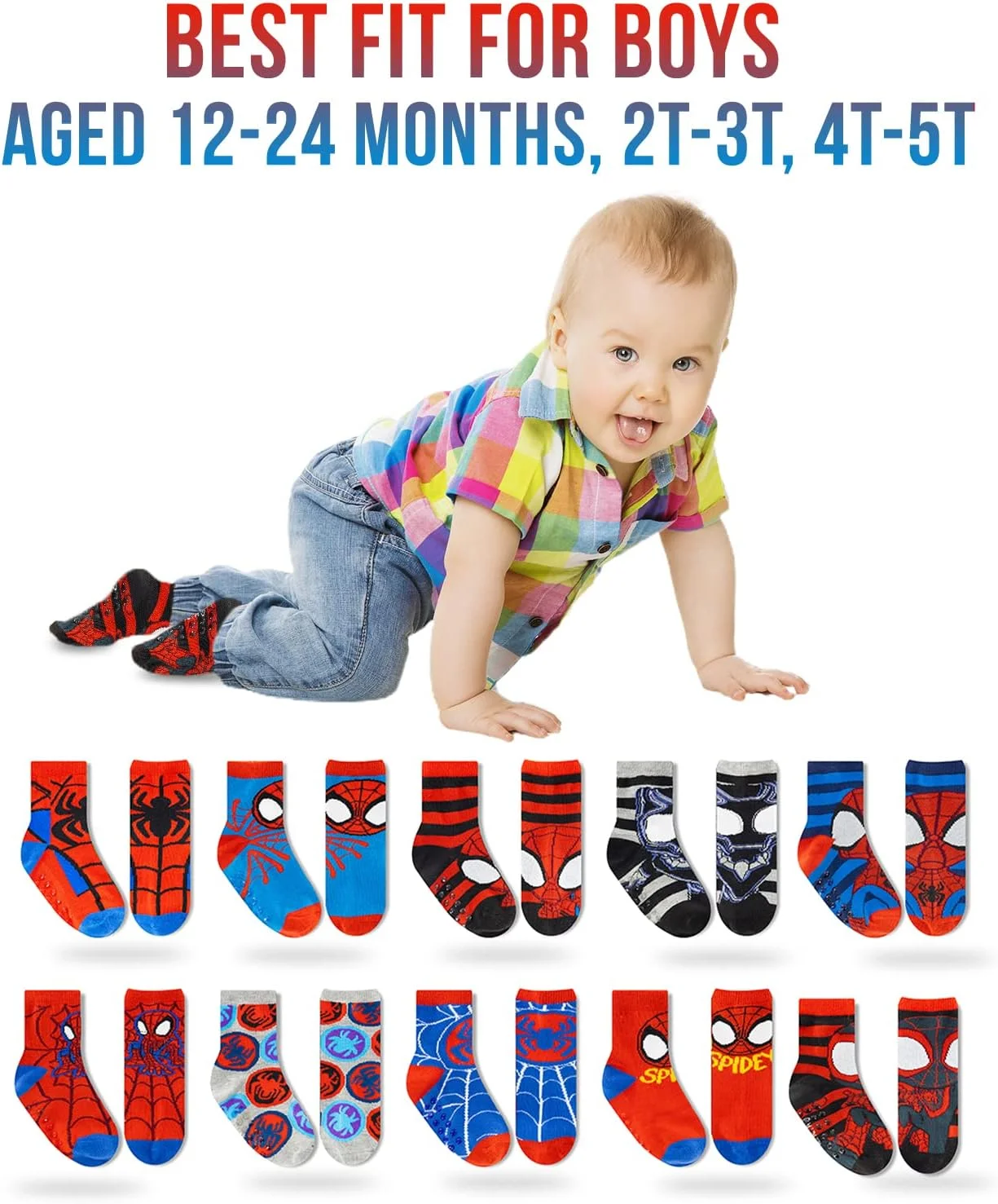 جوراب های چسبان مرد عنکبوتی، جوراب پسرانه بچگانه، بسته 10 عددی، جوراب های چسبنده بچگانه مرد عنکبوتی، بسته متنوع مرد عنکبوتی شگفت انگیز