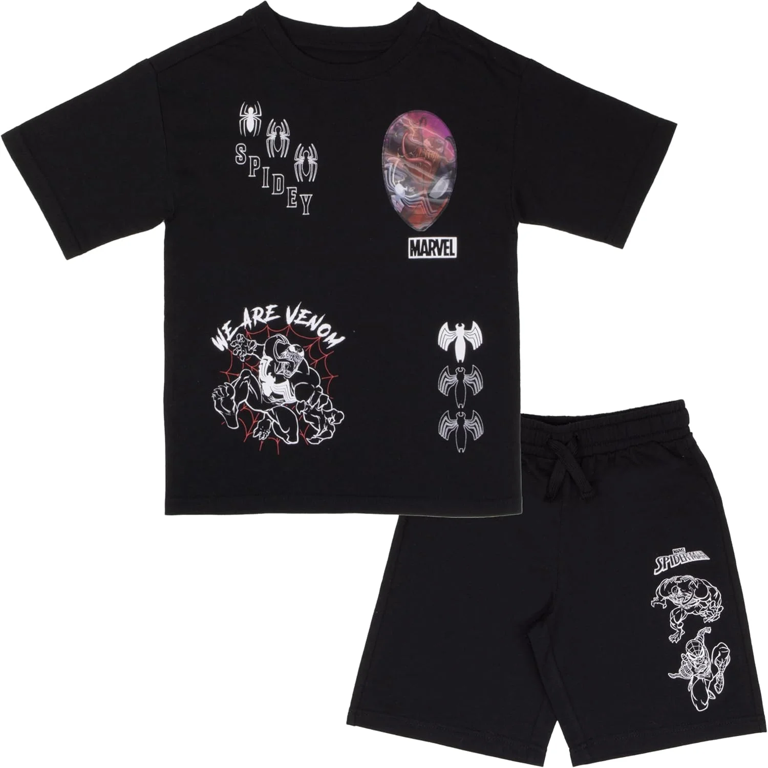 ست تی‌شرت آستین کوتاه و شلوارک پسرانه مارول مرد عنکبوتی با تکه تصویری عدسی تغییر دهنده، لباس اسپایدی 2 تکه برای کودکان