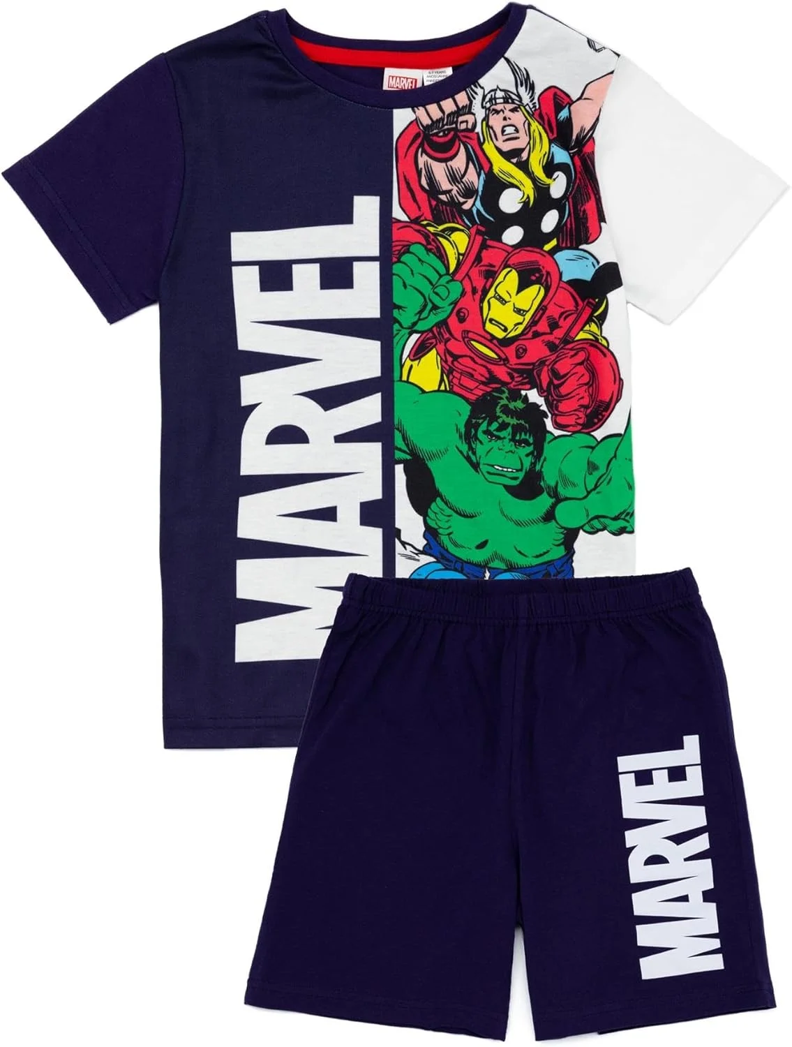 ست لباس خواب پسرانه مارول | تیشرت آستین کوتاه چند رنگ و شلوارک طرح دار برای کودکان | لباس خواب ابرقهرمانی ثور، مرد آهنی، هالک و کاپیتان آمریکا | لباس شب الهام گرفته از فیلم و کمیک