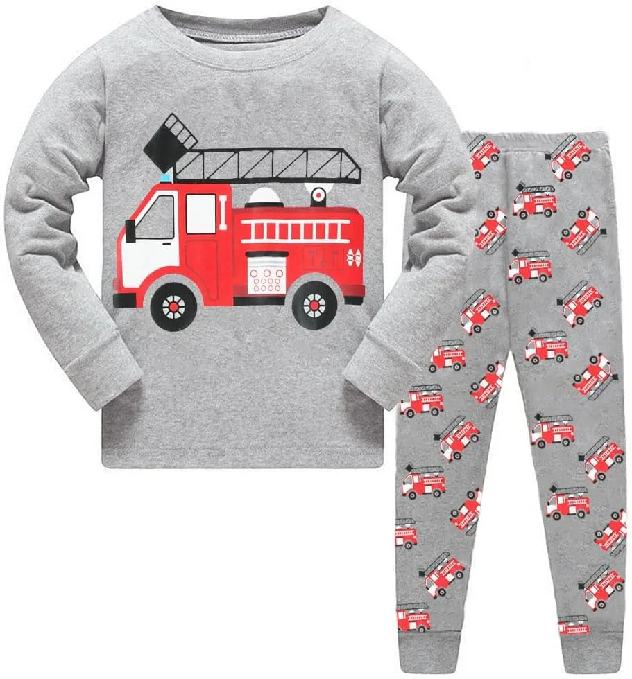 لباس خواب پسرانه LXKA طرح بیل مکانیکی، تراکتور، دایناسور، کوسه، ماشین، لباس کودکانه، لباس خواب زمستانی بچه گانه، لباس کودک، پیراهن آستین بلند 100% پنبه، ست لباس 2 تکه، 2-8 سال
