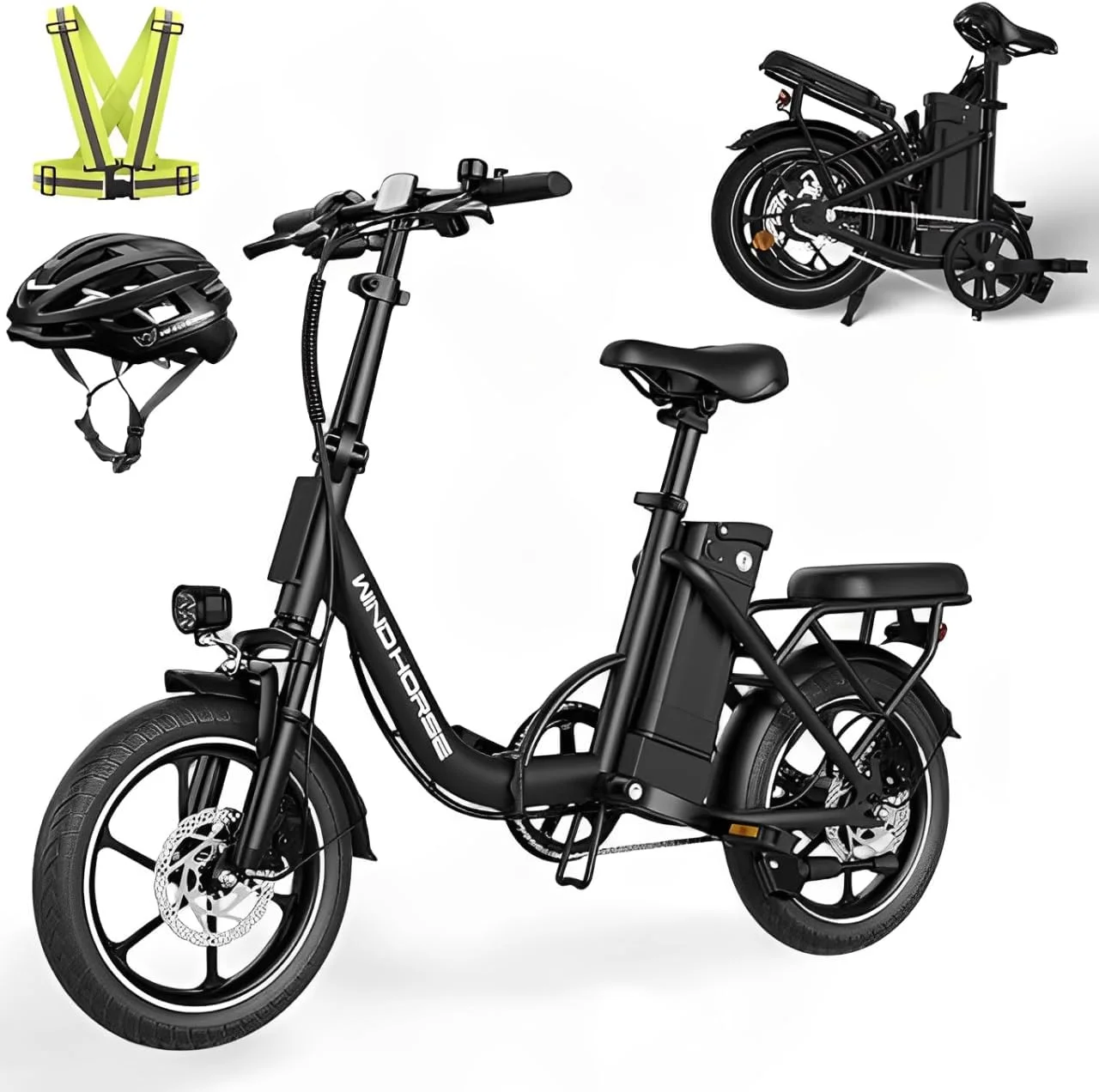 دوچرخه برقی تاشو WINDHORSE با موتور پرسرعت 350 وات، باتری 36 ولت 8 آمپر، سرعت 40 کیلومتر در ساعت، برد 35 کیلومتر، ترمزهای دیسکی دوبل، فریم آلیاژ کربن و لاستیک های 16 اینچی، جلو راحت