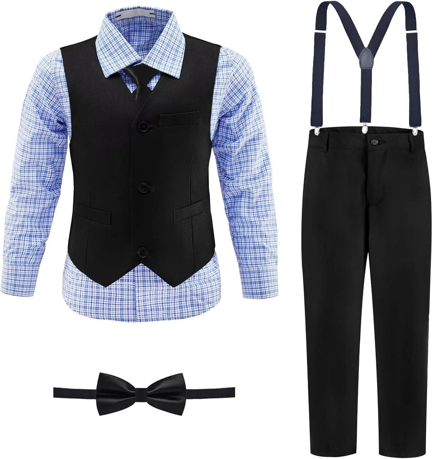 ست کت و شلوار پسرانه، لباس رسمی بچه گانه شامل جلیقه، شلوار و ساسپندر با کمر قابل تنظیم