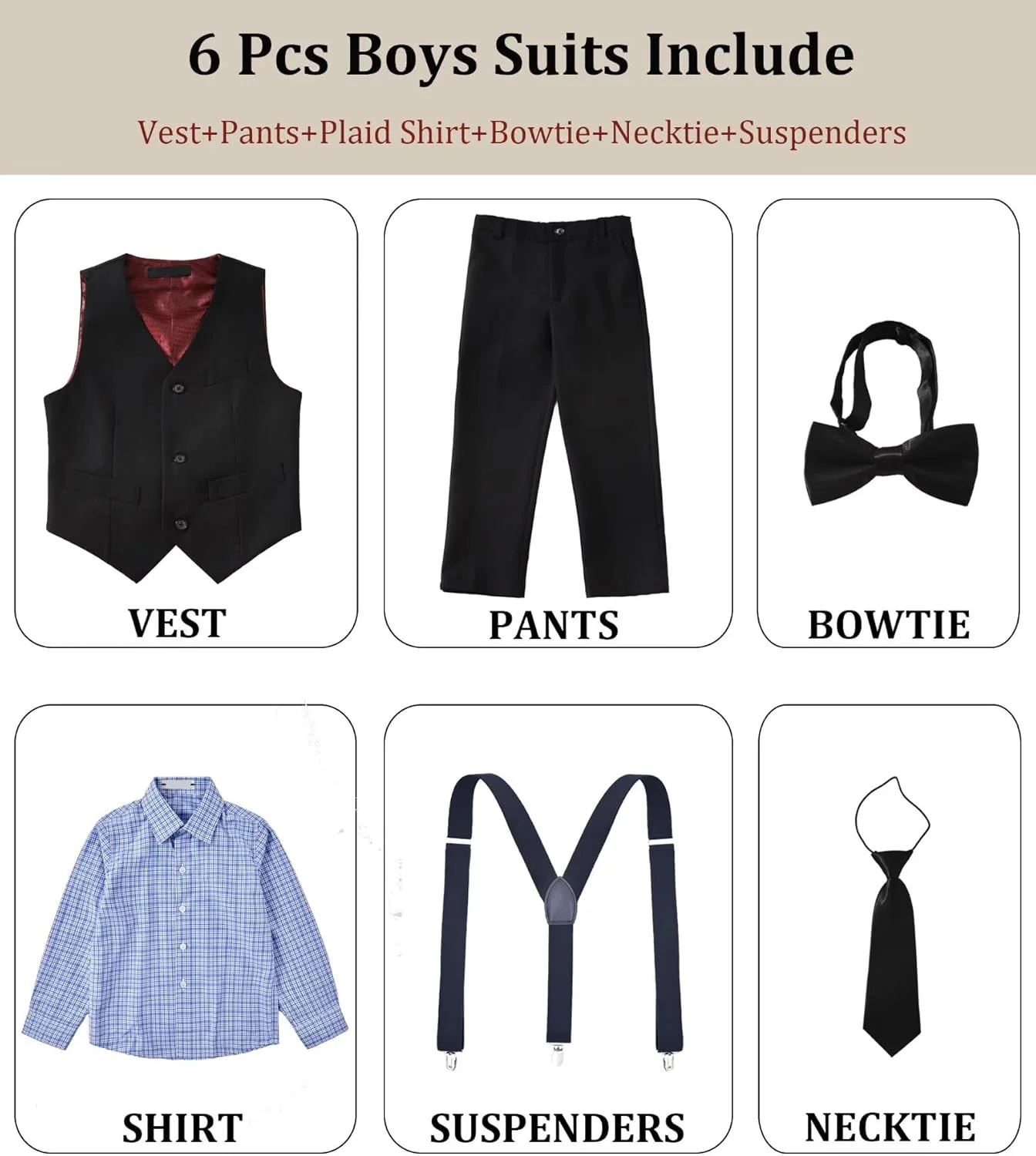 ست کت و شلوار پسرانه، لباس رسمی بچه گانه شامل جلیقه، شلوار و ساسپندر با کمر قابل تنظیم