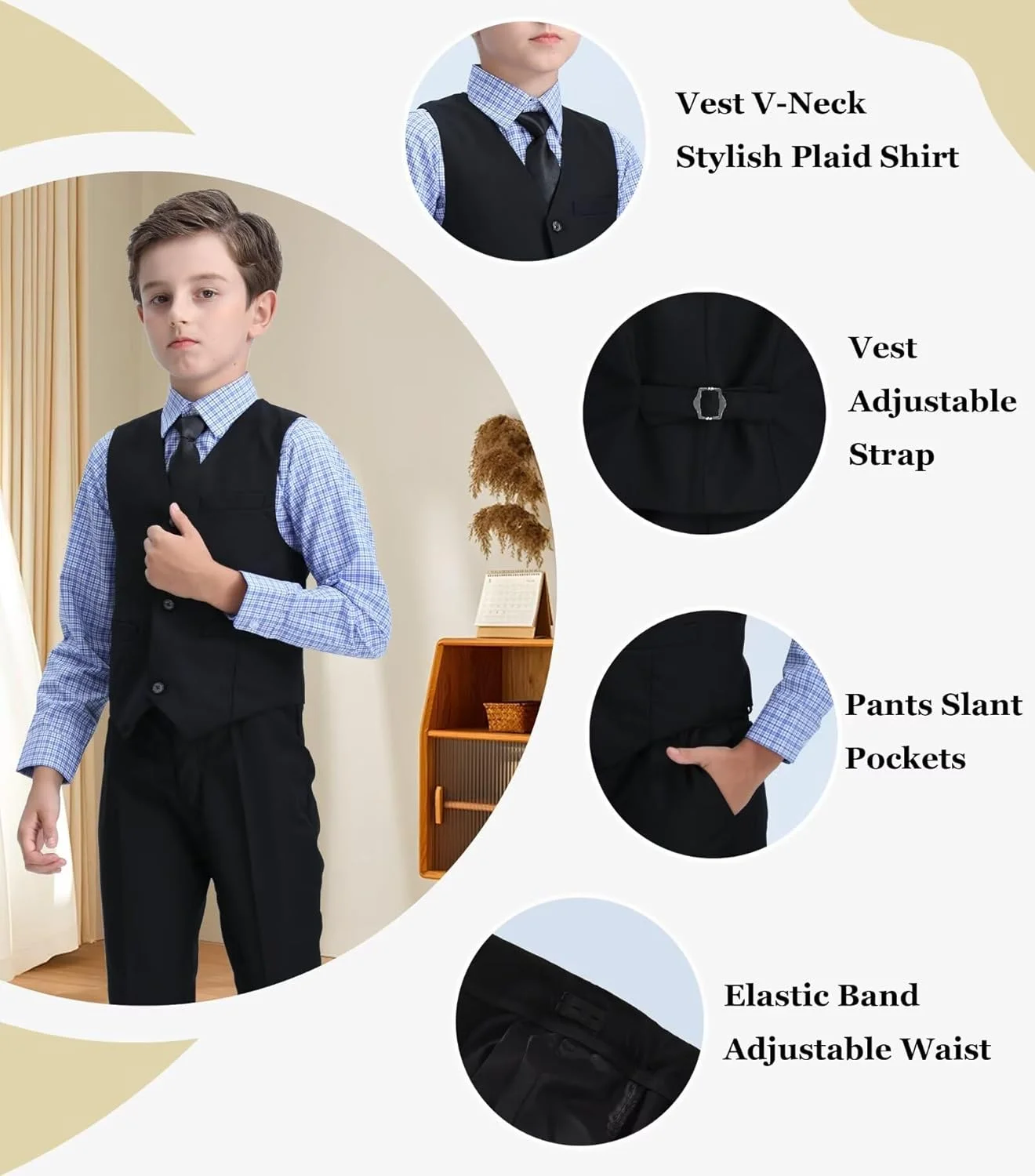 ست کت و شلوار پسرانه، لباس رسمی بچه گانه شامل جلیقه، شلوار و ساسپندر با کمر قابل تنظیم