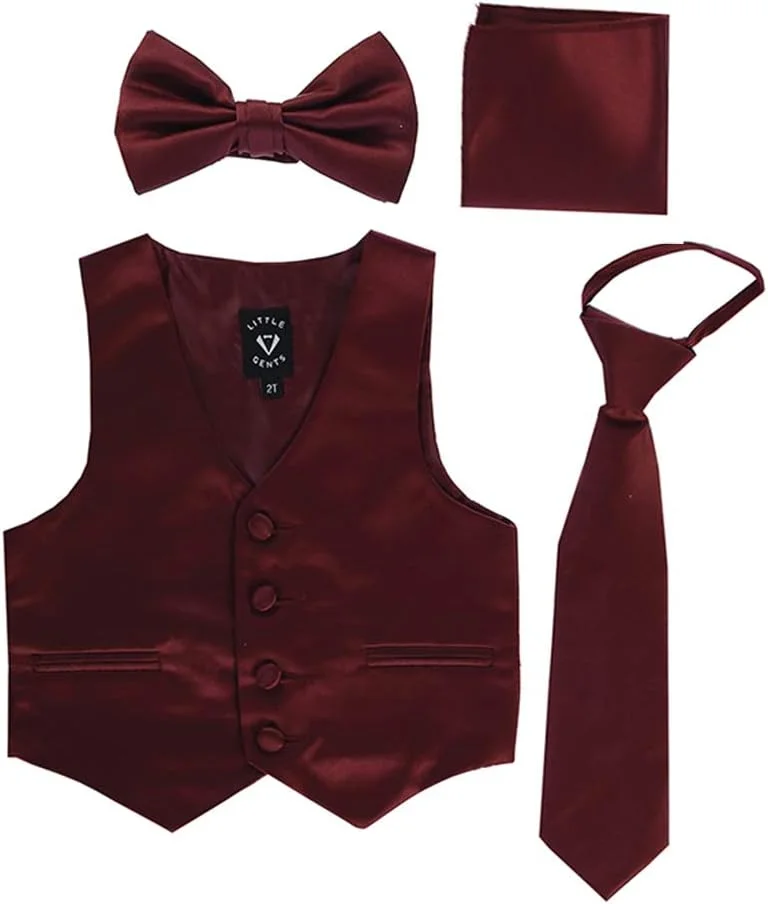 جلیقه پسرانه Little Gents مناسب تاکسیدو به همراه کراوات زیپی، پاپیون و دستمال جیبی - ست 4 تکه رسمی ساتن 738