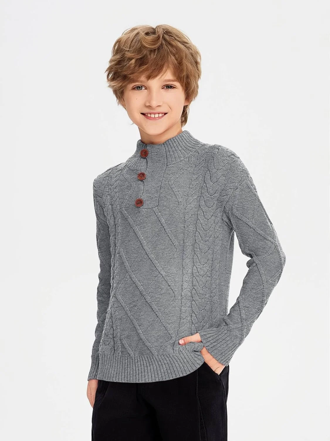 پلیور بافتنی یقه اسکی دکمه دار پسرانه Kingdenergy - گرم و مناسب پاییز و زمستان