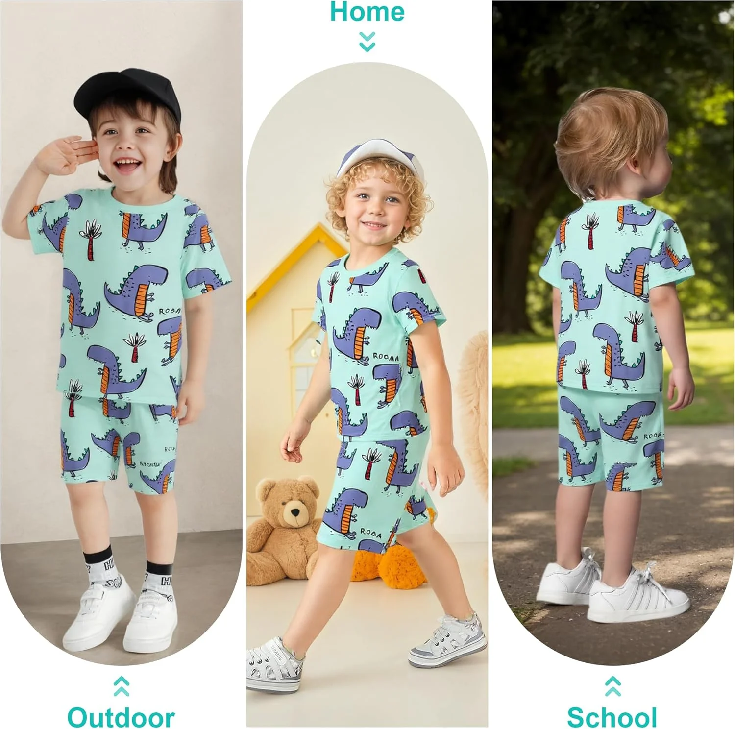 ست لباس پسرانه JinBei، تیشرت و شلوارک طرح دایناسور، آستین کوتاه، مناسب ورزش، خنک و مناسب تابستان، سایز 92-122 ست لباس پسرانه JinBei، تیشرت و شلوارک طرح دایناسور، آستین کوتاه، مناسب ورزش، خنک و مناسب تابستان، سایز 92-122