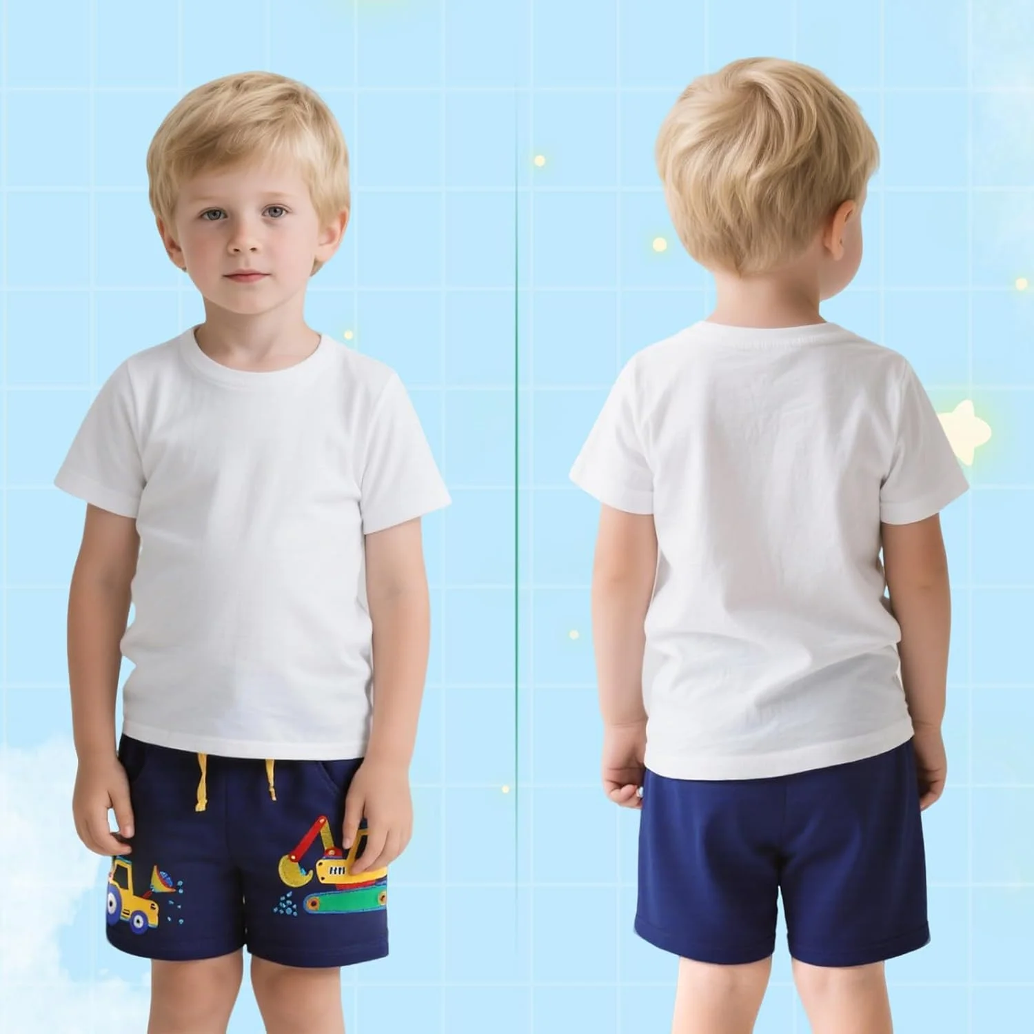 شلوارک پسرانه جین‌بی، شلوارک برمودا نخی تابستانی، دارای 2 جیب، شلوار کاپری، طرح دایناسور و بولدوزر، کمر کشی راحت، لباس ورزشی پسرانه، سرمه‌ای، 2 تا 7 سال