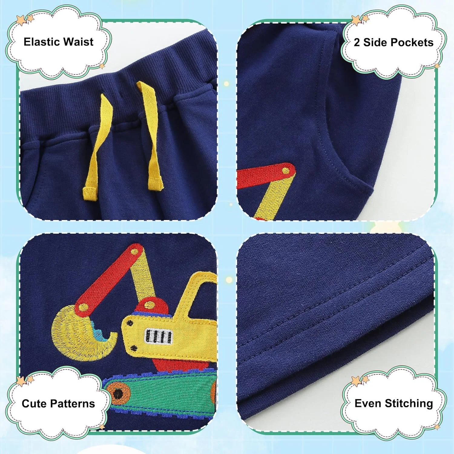 شلوارک پسرانه جین‌بی، شلوارک برمودا نخی تابستانی، دارای 2 جیب، شلوار کاپری، طرح دایناسور و بولدوزر، کمر کشی راحت، لباس ورزشی پسرانه، سرمه‌ای، 2 تا 7 سال