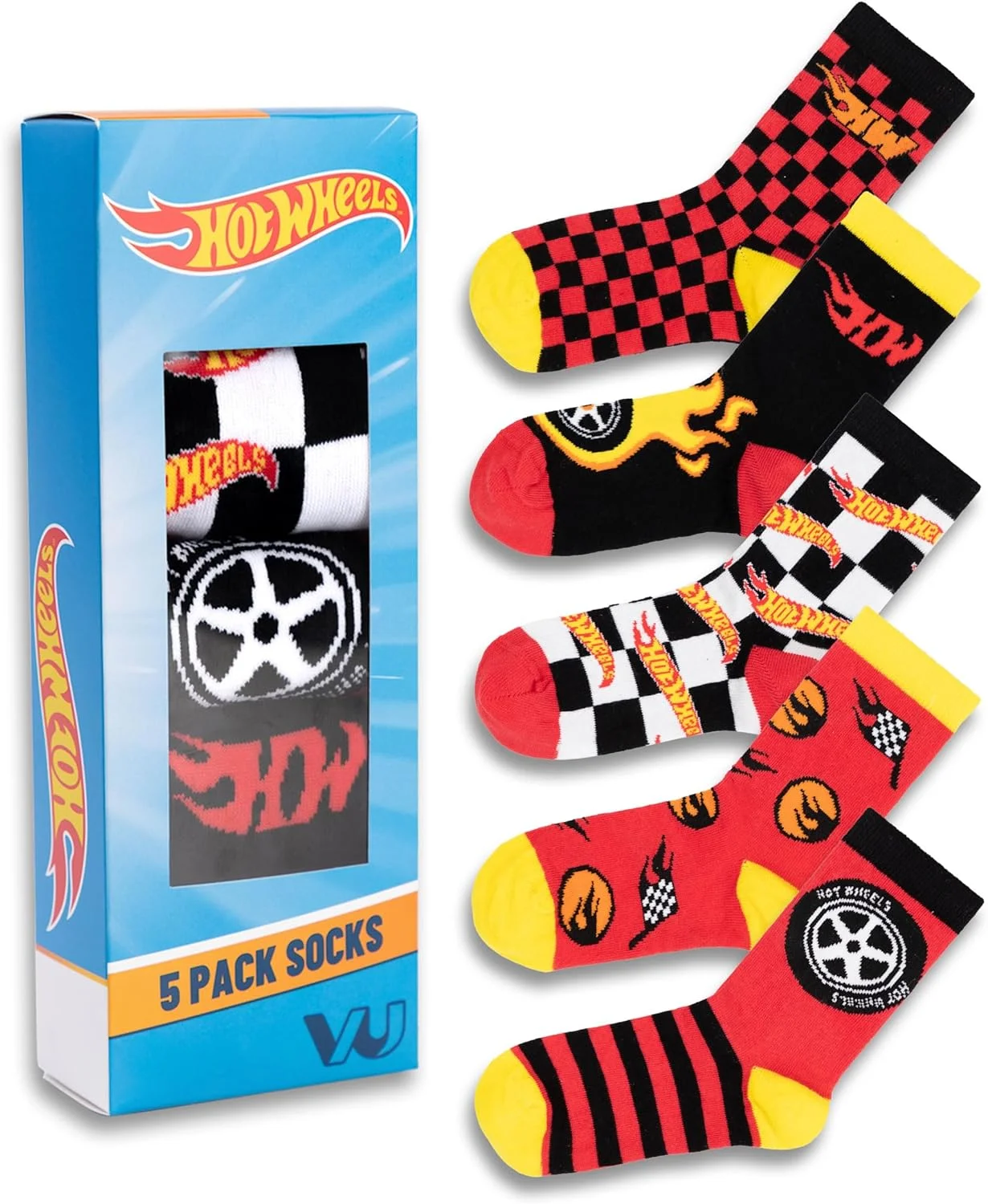 ست جوراب ساق بلند پسرانه هات ویلز، 5 جفت | طرح های راه راه، شطرنجی قرمز، مشکی و زرد | طرح های شعله و صفحه شطرنجی | مناسب استفاده روزمره، جوراب ورزشی برای کودکان