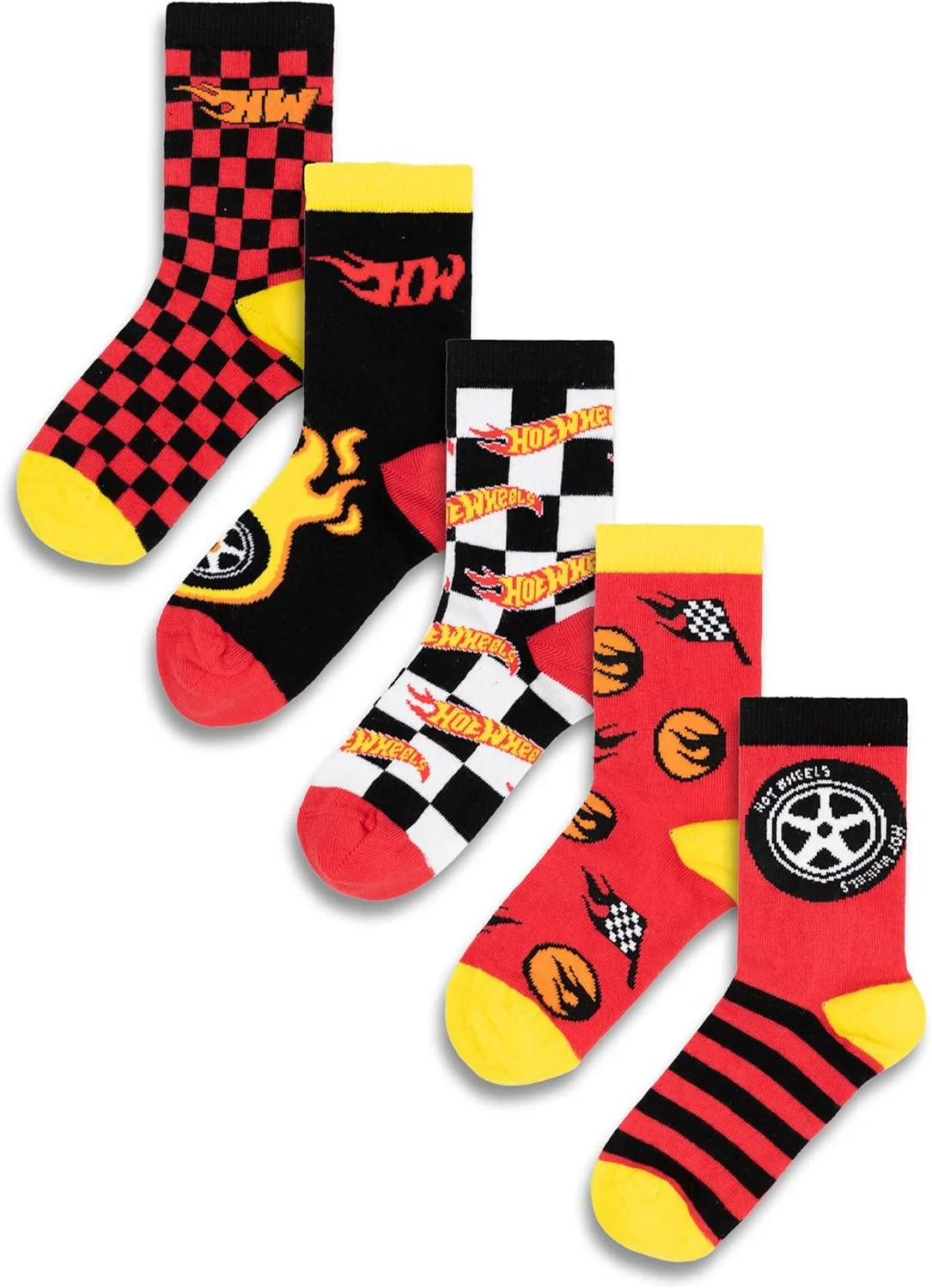 ست جوراب ساق بلند پسرانه هات ویلز، 5 جفت | طرح های راه راه، شطرنجی قرمز، مشکی و زرد | طرح های شعله و صفحه شطرنجی | مناسب استفاده روزمره، جوراب ورزشی برای کودکان