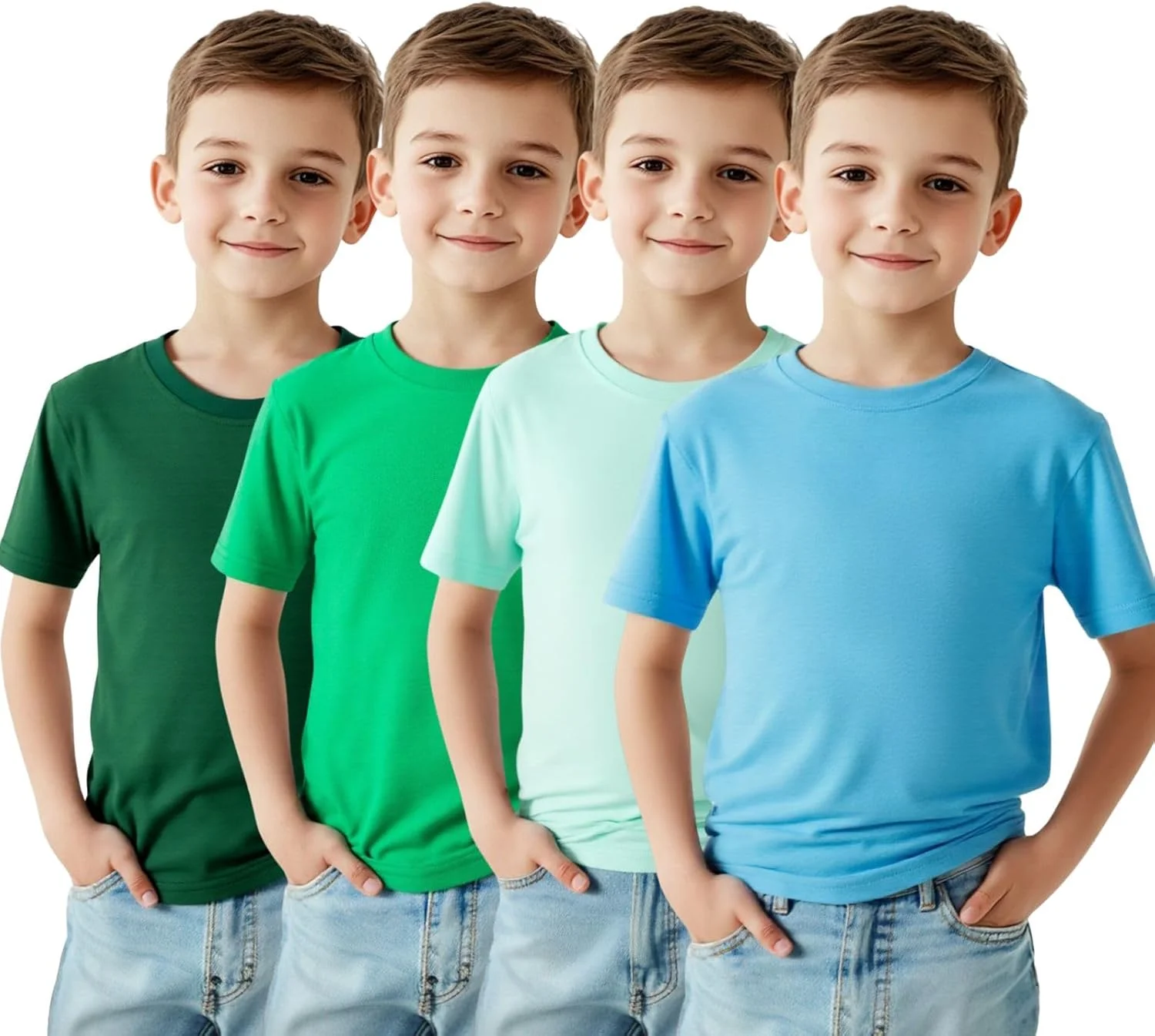 تی‌شرت‌های نخی ساده پسرانه HILEELANG، آستین کوتاه، یقه گرد، مناسب تابستان، بسته‌های 4 عددی، سایز 6 تا 12 سال