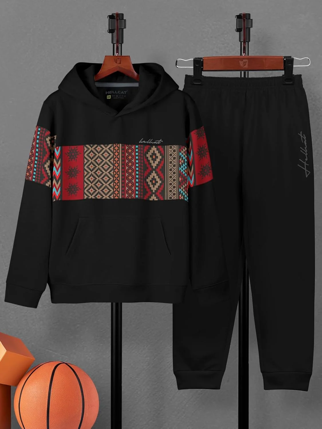 ست لباس پسرانه شامل هودی، تیشرت و شلوار جاگر طرح دار و شیک HELLCAT، جنس پنبه مخلوط - بسته 1 عددی