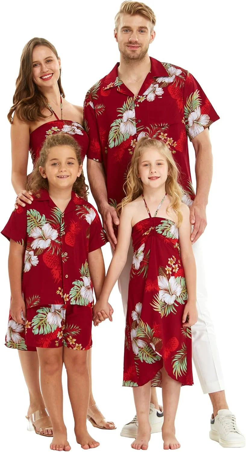 ست لباس خانواده با طرح هاوایی، طرح باغ آناناس، رنگ زرشکی