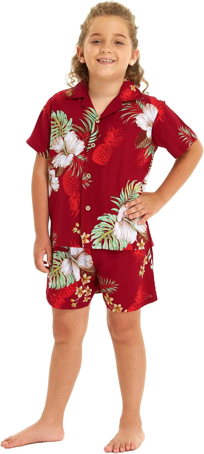 ست لباس خانواده با طرح هاوایی، طرح باغ آناناس، رنگ زرشکی