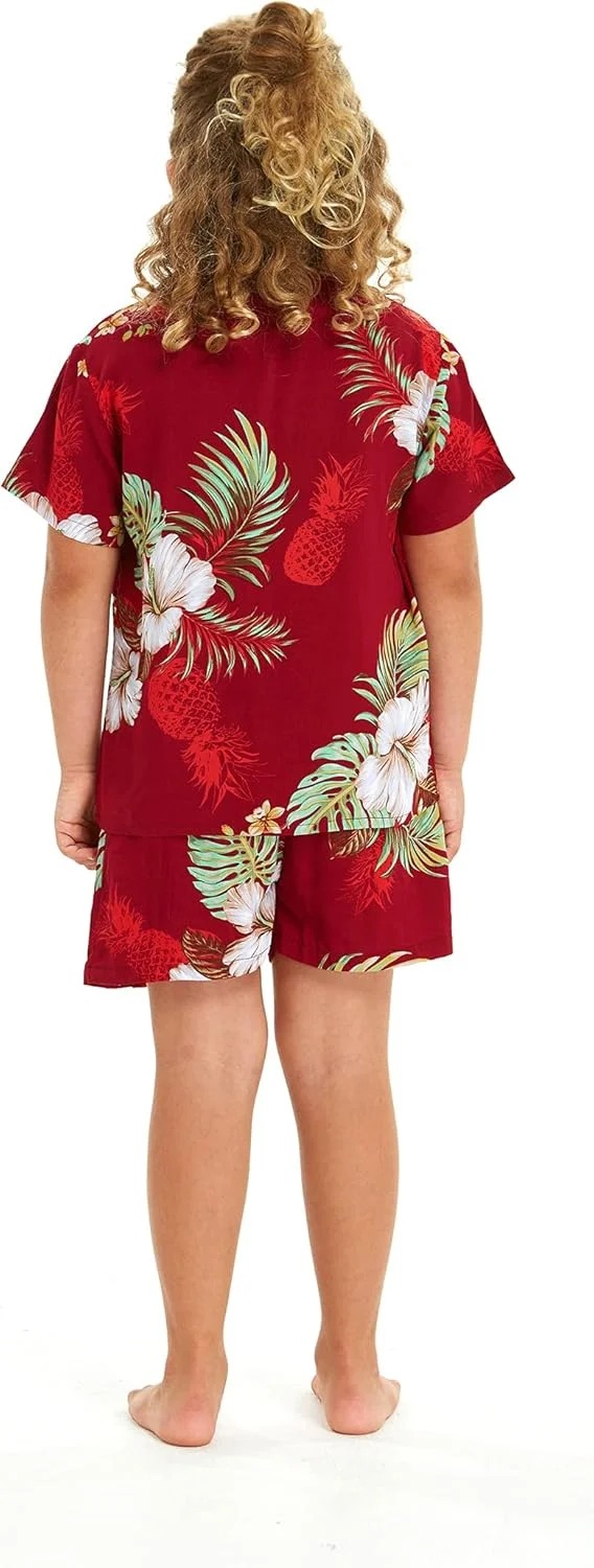 ست لباس خانواده با طرح هاوایی، طرح باغ آناناس، رنگ زرشکی