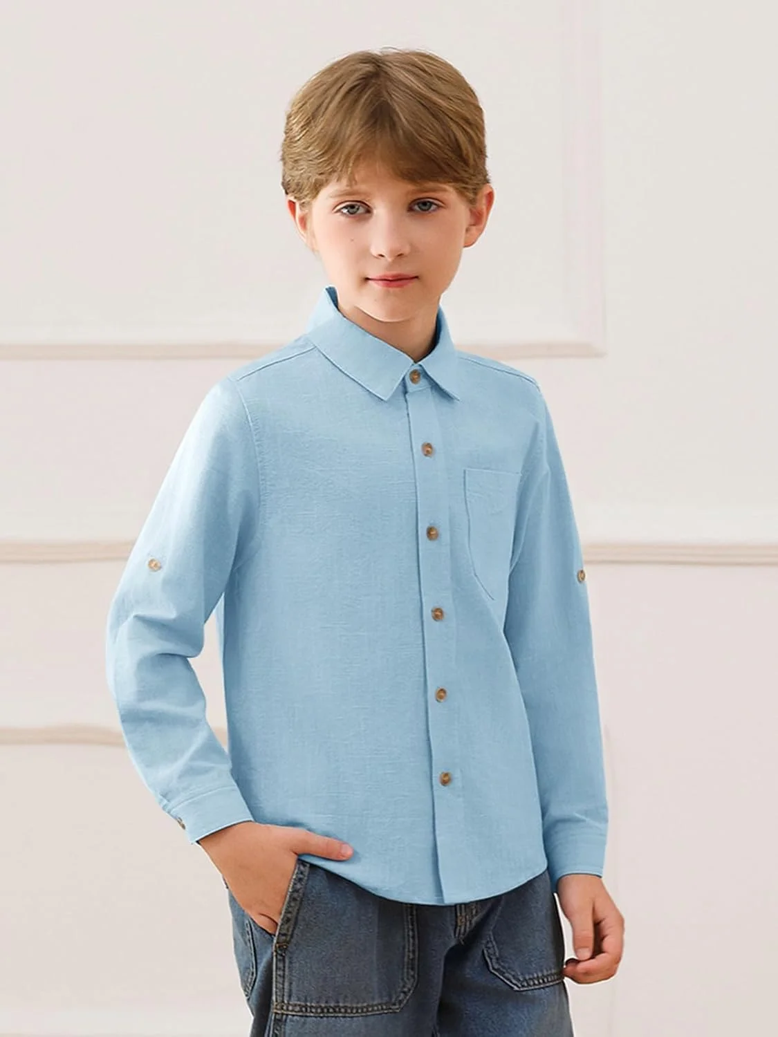 پیراهن پسرانه دکمه دار کتان آستین بلند با جیب سینه، مناسب 5 تا 14 سال