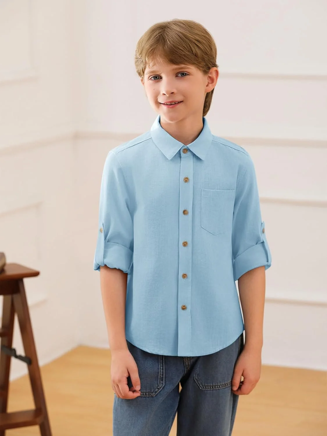 پیراهن پسرانه دکمه دار کتان آستین بلند با جیب سینه، مناسب 5 تا 14 سال