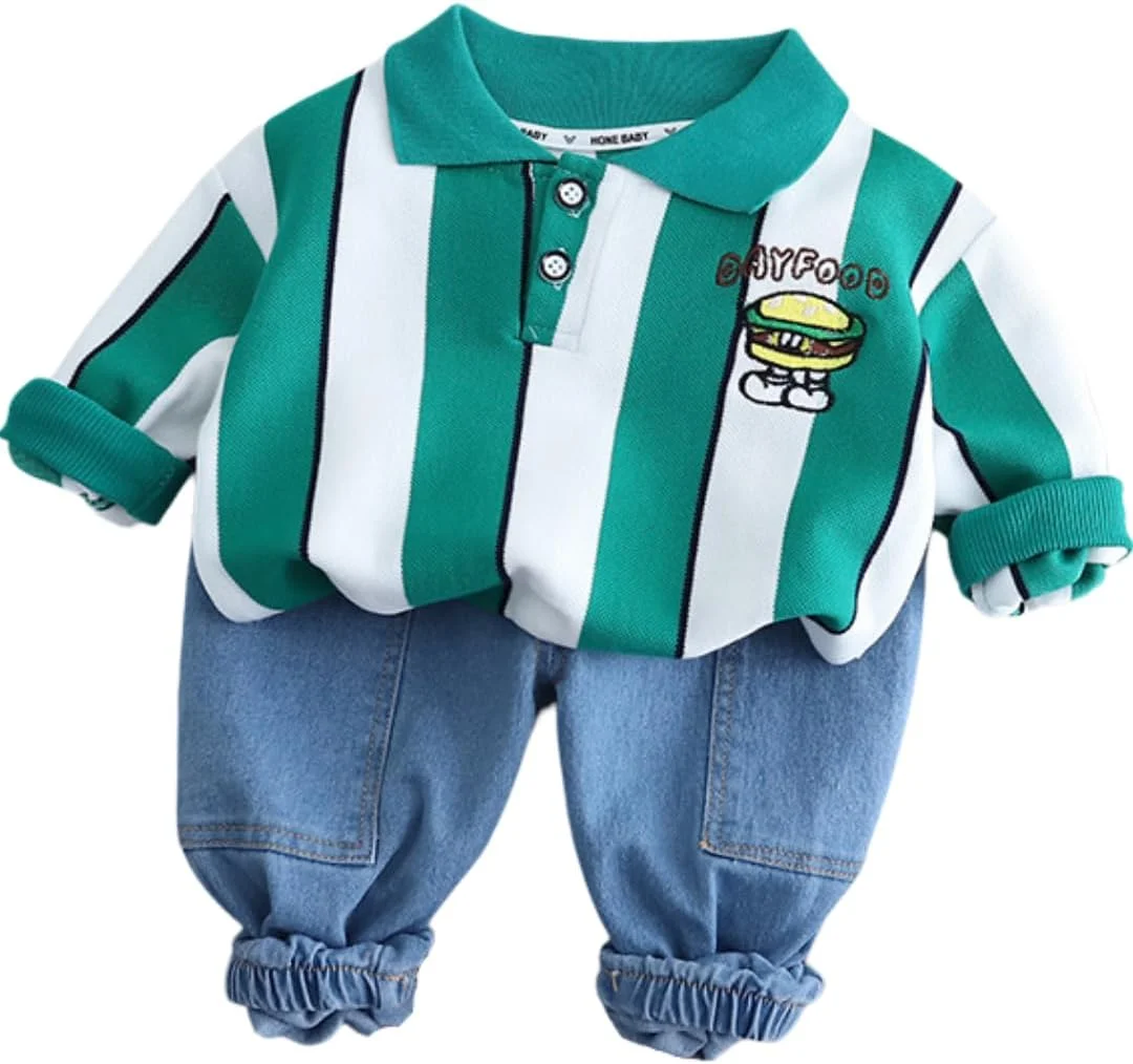 ست تی‌شرت طرح‌دار و شلوار جین پسرانه گوگو گاگا - ست لباس پنبه‌ای برای نوزاد پسر | تی‌شرت آستین کوتاه با پارچه نرم | لباس بچه گانه با تن خور معمولی، رنگ مشکی