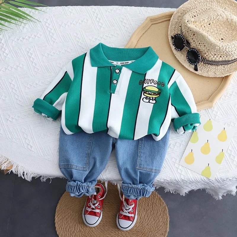 ست تی‌شرت طرح‌دار و شلوار جین پسرانه گوگو گاگا - ست لباس پنبه‌ای برای نوزاد پسر | تی‌شرت آستین کوتاه با پارچه نرم | لباس بچه گانه با تن خور معمولی، رنگ مشکی