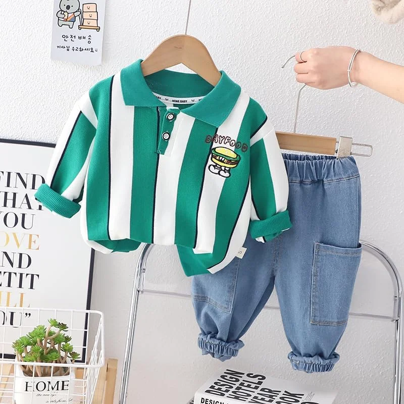 ست تی‌شرت طرح‌دار و شلوار جین پسرانه گوگو گاگا - ست لباس پنبه‌ای برای نوزاد پسر | تی‌شرت آستین کوتاه با پارچه نرم | لباس بچه گانه با تن خور معمولی، رنگ مشکی