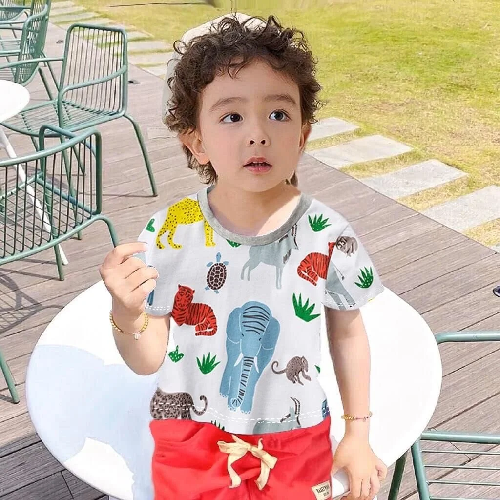 ست تی‌شرت و شلوارک پسرانه، لباس تابستانی آستین کوتاه پنبه‌ای برای کودکان ۲ تکه