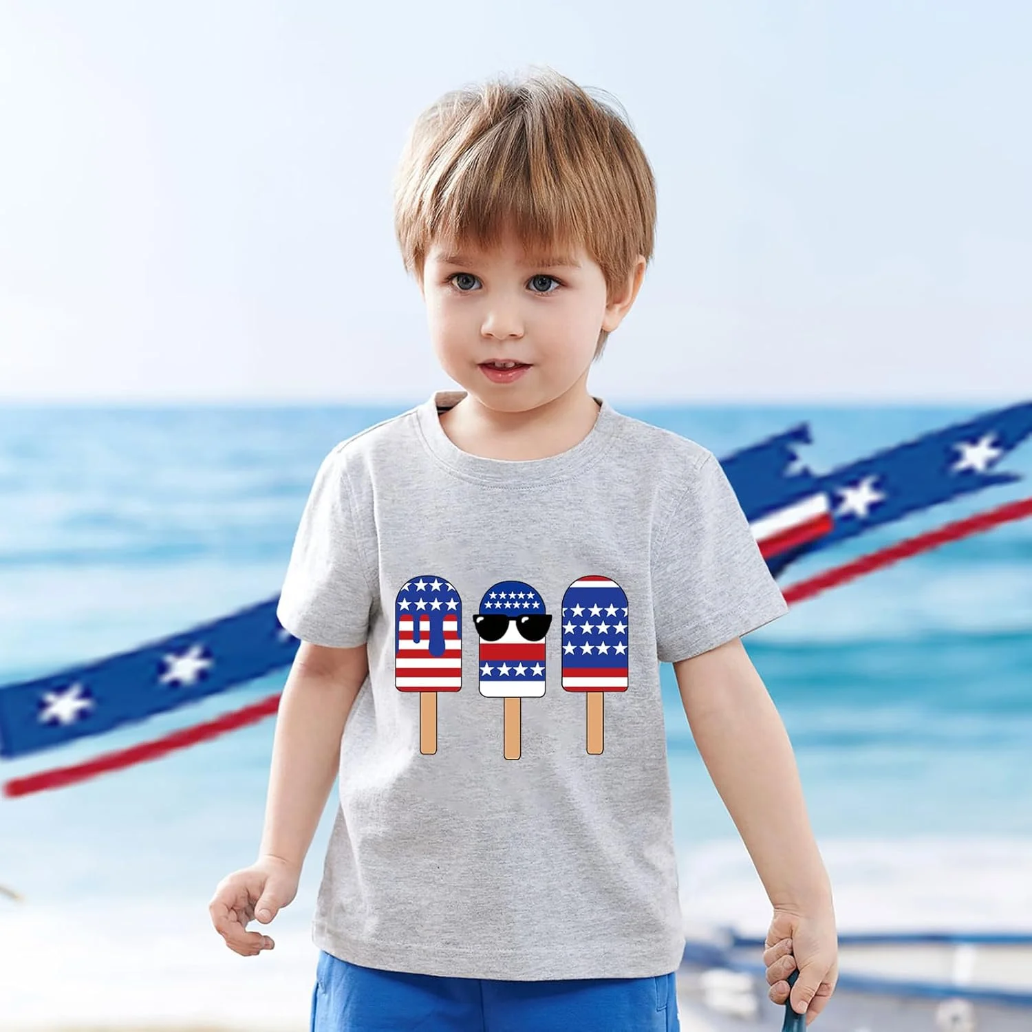 تی‌شرت بچگانه طرح پرچم آمریکا، مناسب پسران و دختران، آستین کوتاه، سایز 4 تا 12 سال