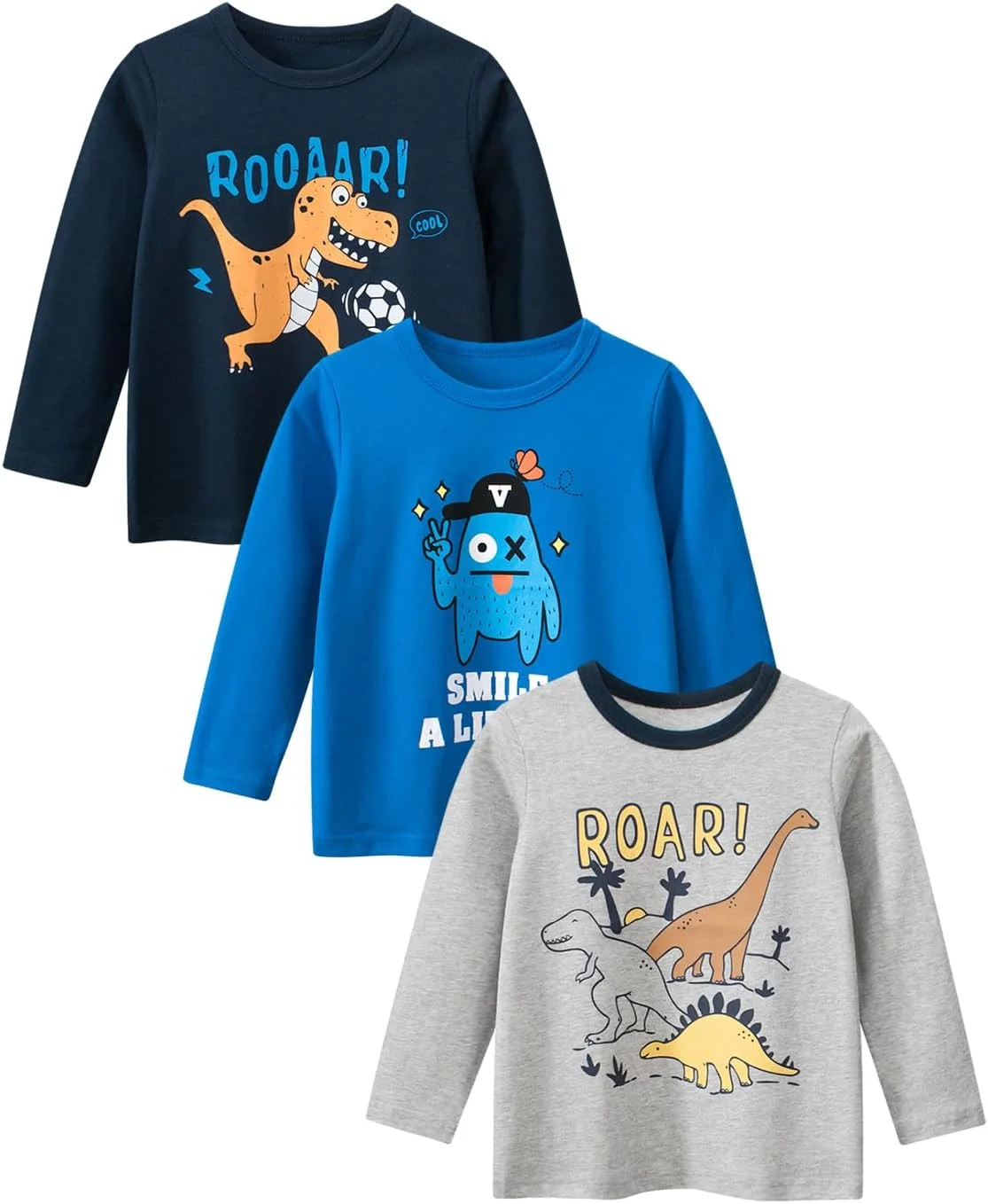 جی اف کیو لانگ: ست سه تایی تی شرت آستین بلند نخی پسرانه طرح دایناسور مناسب فصل پاییز