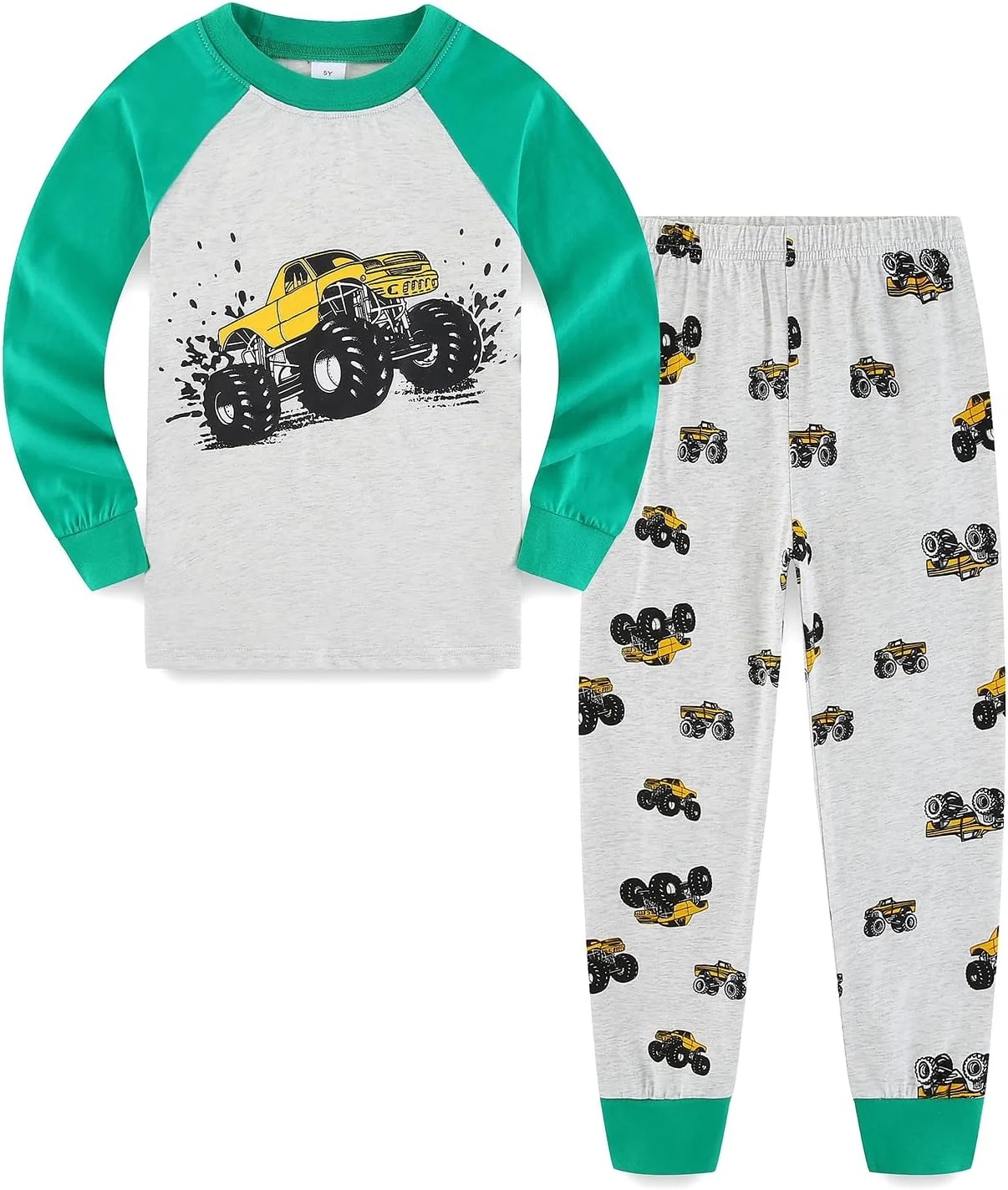 ست لباس راحتی پسرانه طرح کامیون هیولا، تی شرت آستین بلند و شلوار، لباس داخل خانه، لباس بازی، خاکستری/سبز، سایز 8