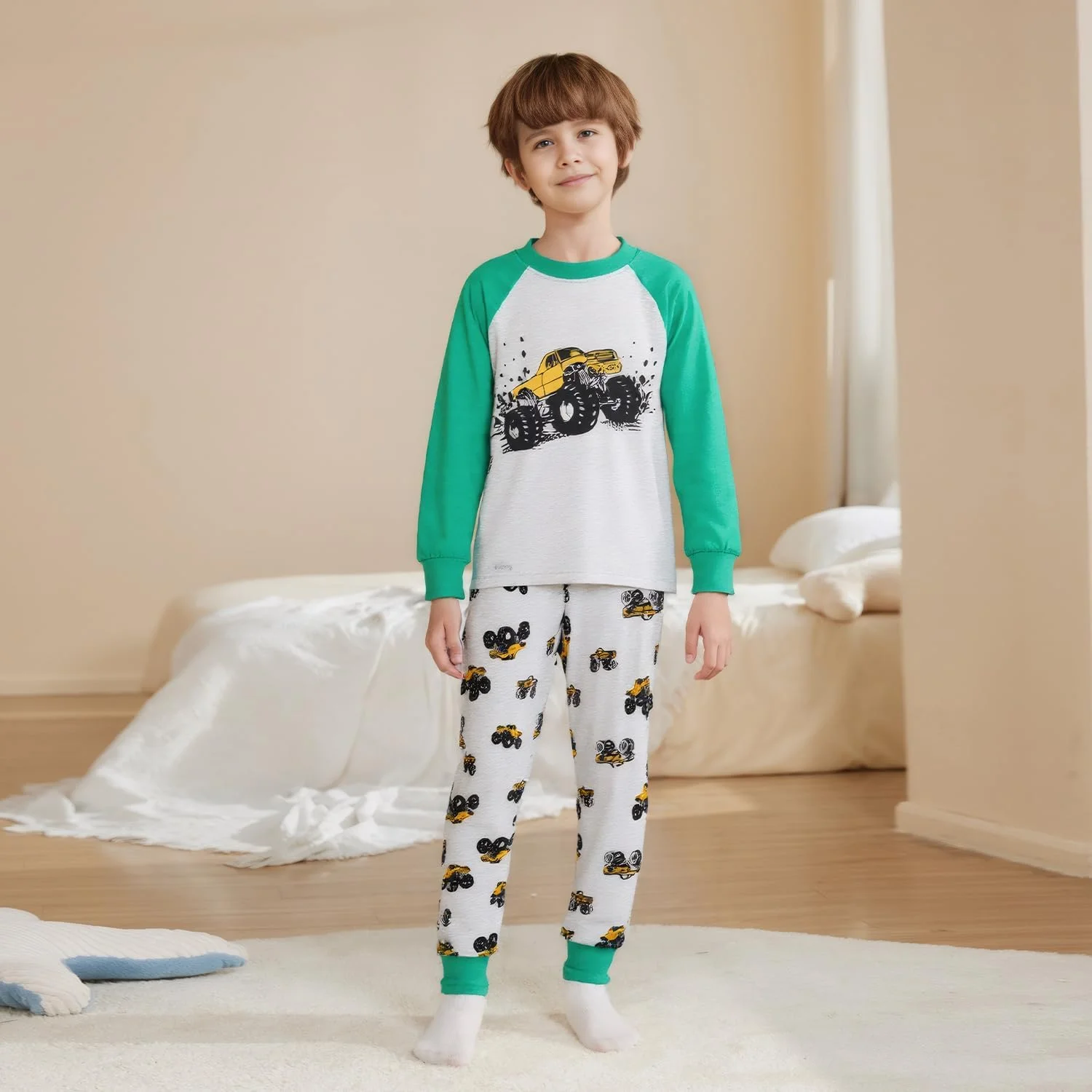 ست لباس راحتی پسرانه طرح کامیون هیولا، تی شرت آستین بلند و شلوار، لباس داخل خانه، لباس بازی، خاکستری/سبز، سایز 8