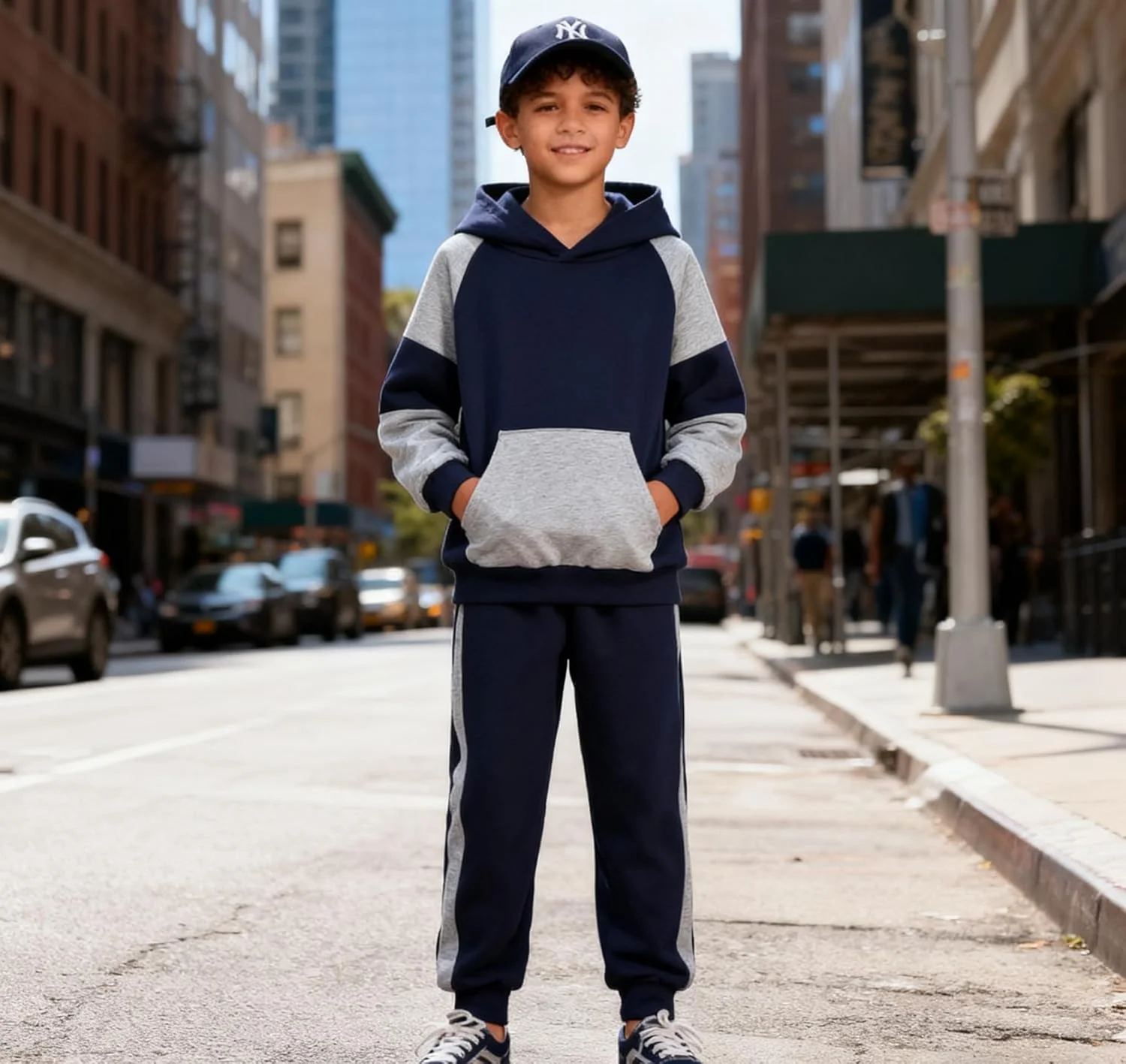 ست لباس پسرانه پاییزه و زمستانه شامل هودی آستین بلند کلاه دار با طرح رنگی و شلوار، مناسب برای پسران 5 تا 11 سال